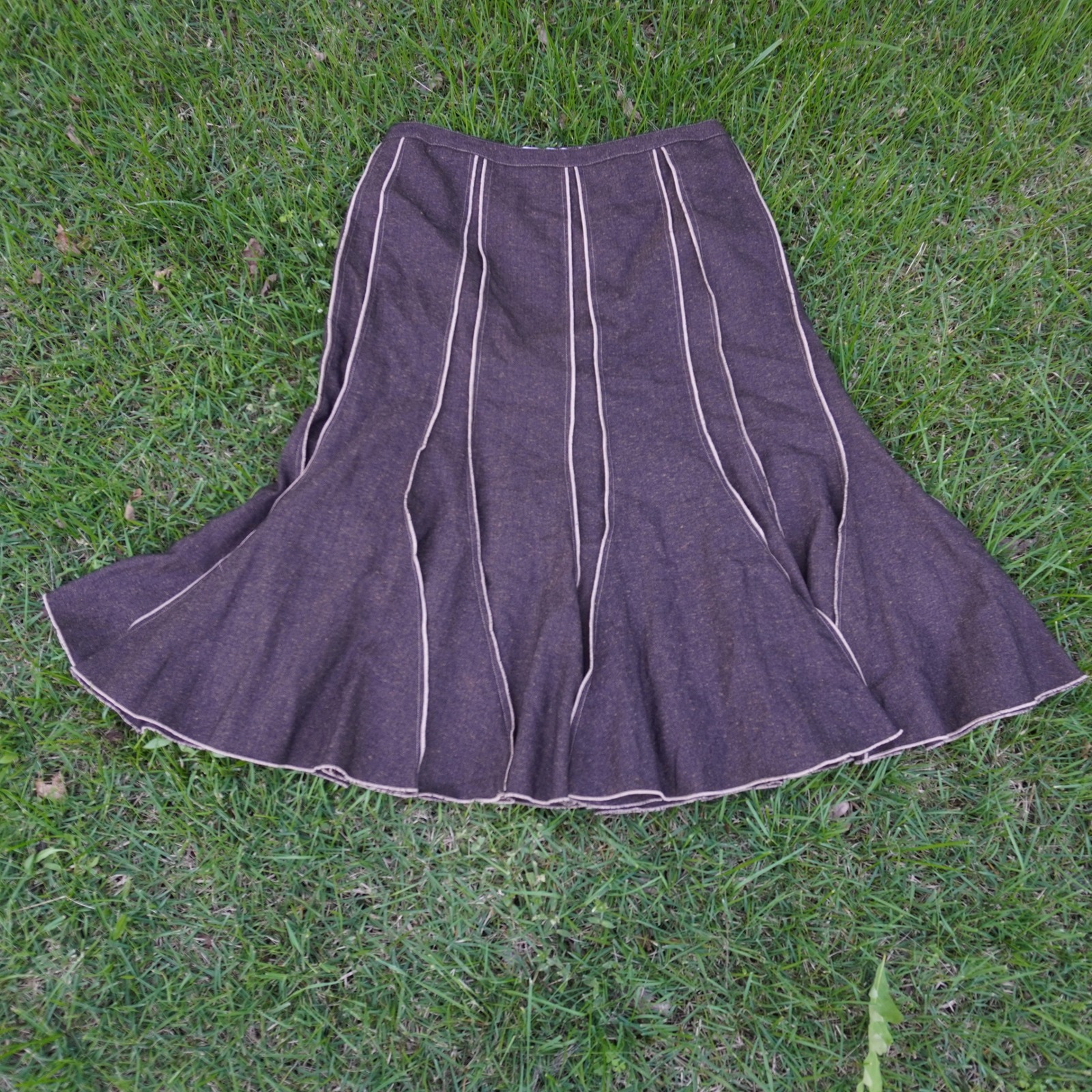 VTG Lena Gabrielle A-Line Skirt Brown Herringbone Trim Flared Career Sz 14