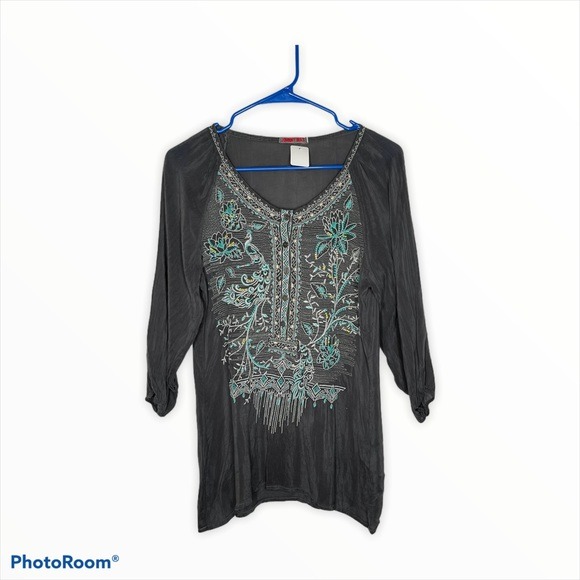 JOHNNY WAS Grey Blue Embroidered Tunic