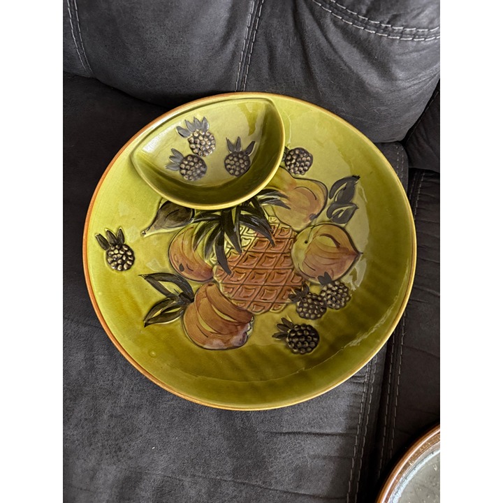 Vintage Los Angeles Pottery Green Divided Serving Platter With Fruit Design