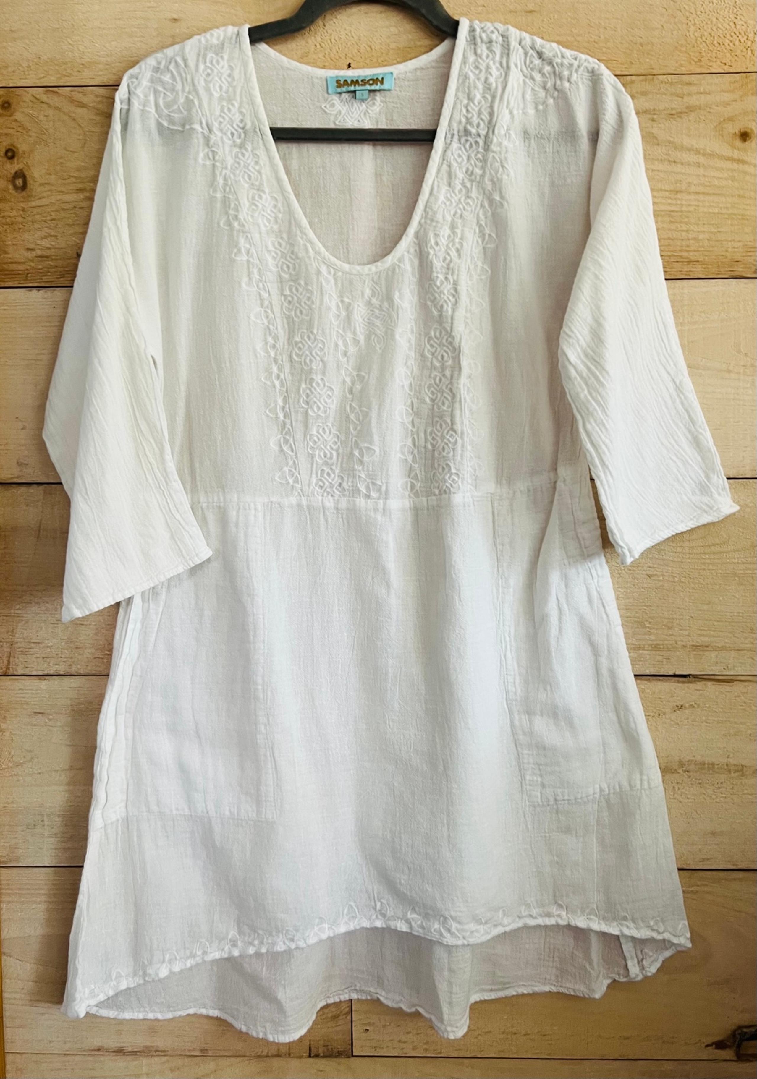 Samson Whitework Embroidered Women's Top 3/4 Sleeves Asymmetrical Hem Sz S