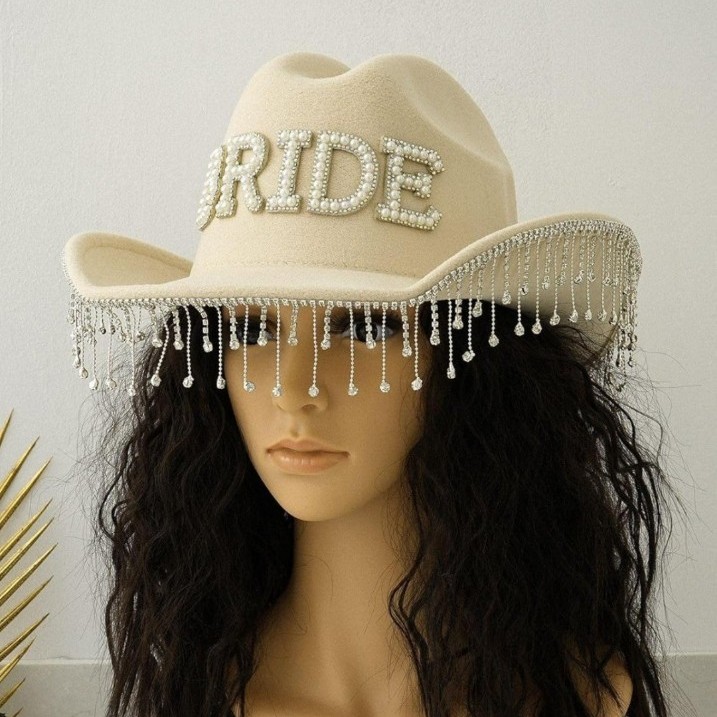 Beige Bridal Cowboy Hat with Pearl Fringe
