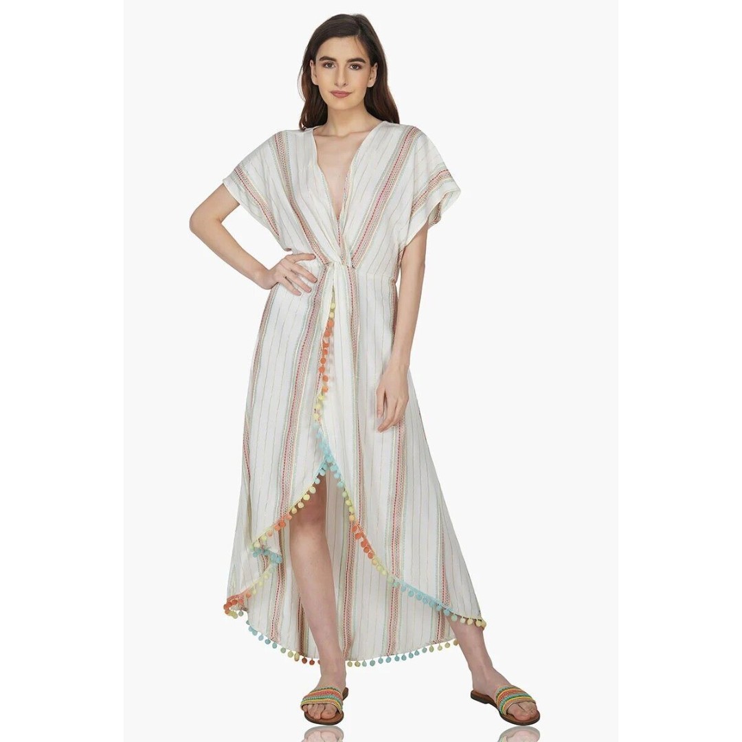 NWT America & Beyond Women's XL Rainbow Sunshine Striped Pom Pom Beach Cover Up