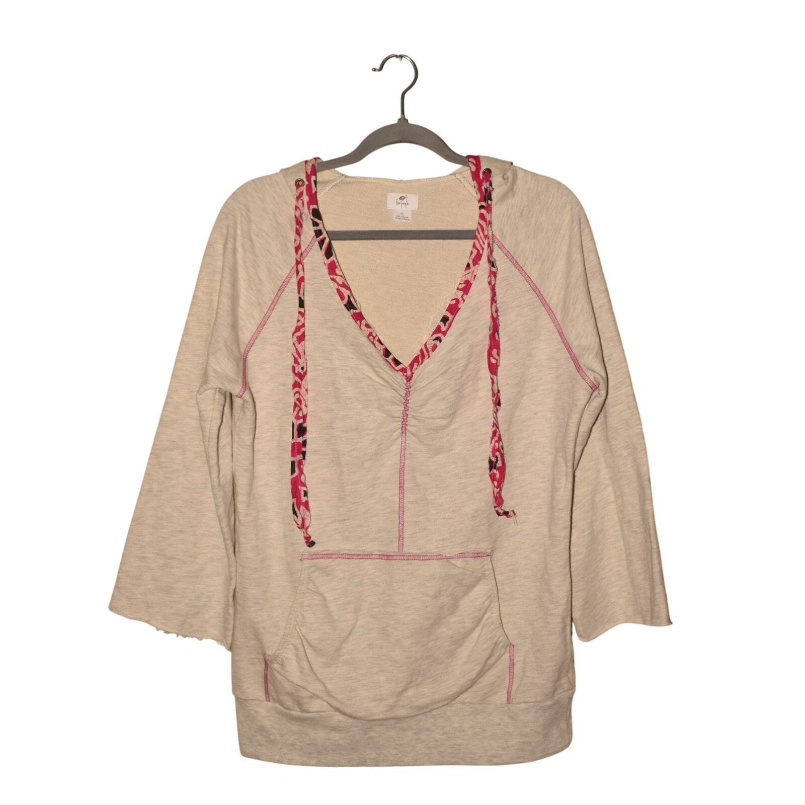 FREE PEOPLE 128 Light Heather Gray Ruched V-Neck Hooded Pullover Large