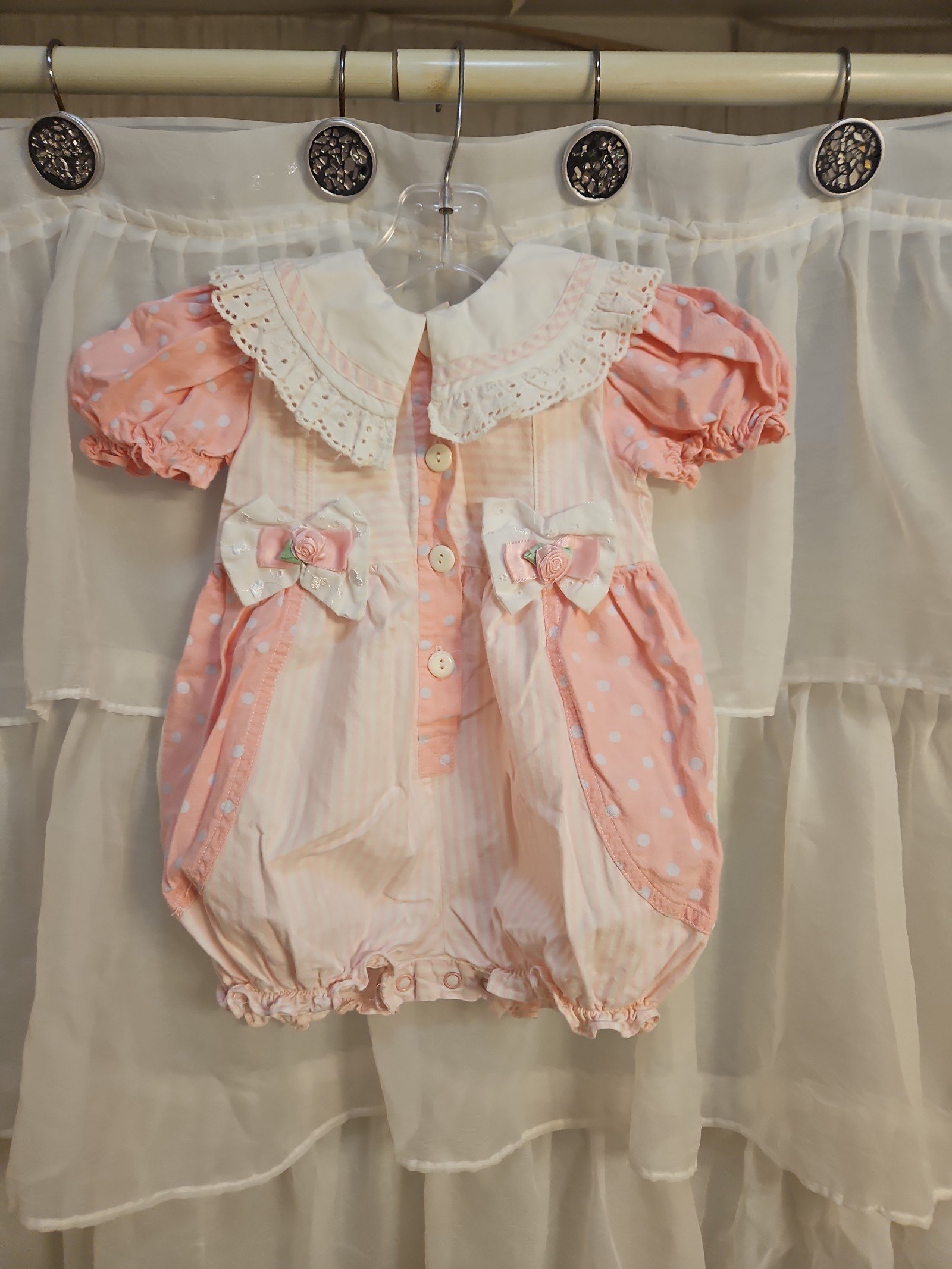 Vintage Baby Girl Onsie Pink & White Stripes Polka Dots Eyelet Bows 24 Months