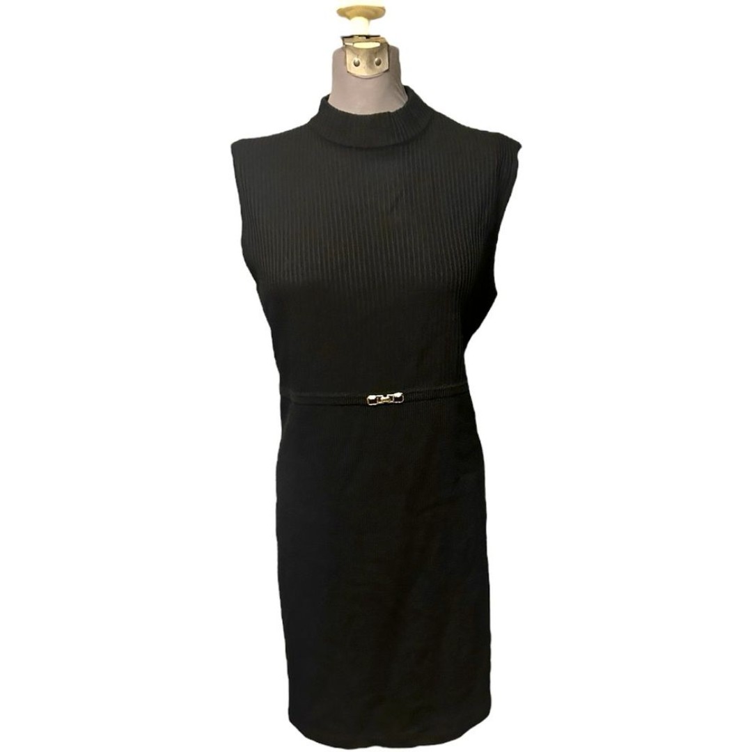St. John Collection Black Knit Sheath Dress Size 12 Gold Appliqué Midi