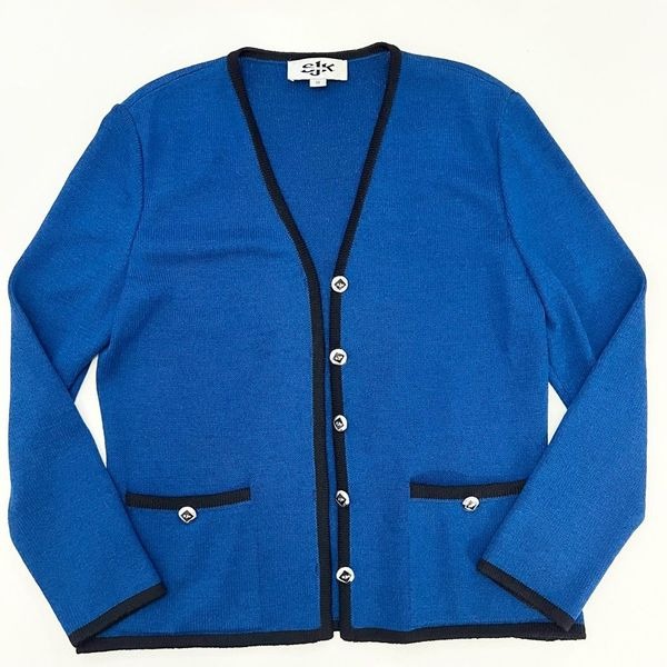 St. John Knits Colorblock Blue Black Trim Button Down Cardigan Sweater Size 10