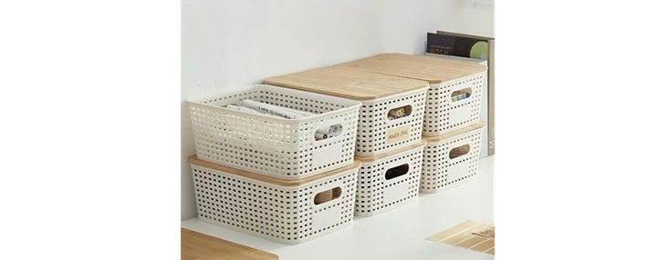 NEW 6 packs Plastic Storage Bins with Bamboo Lids 5.2qt Stackable Box Basket