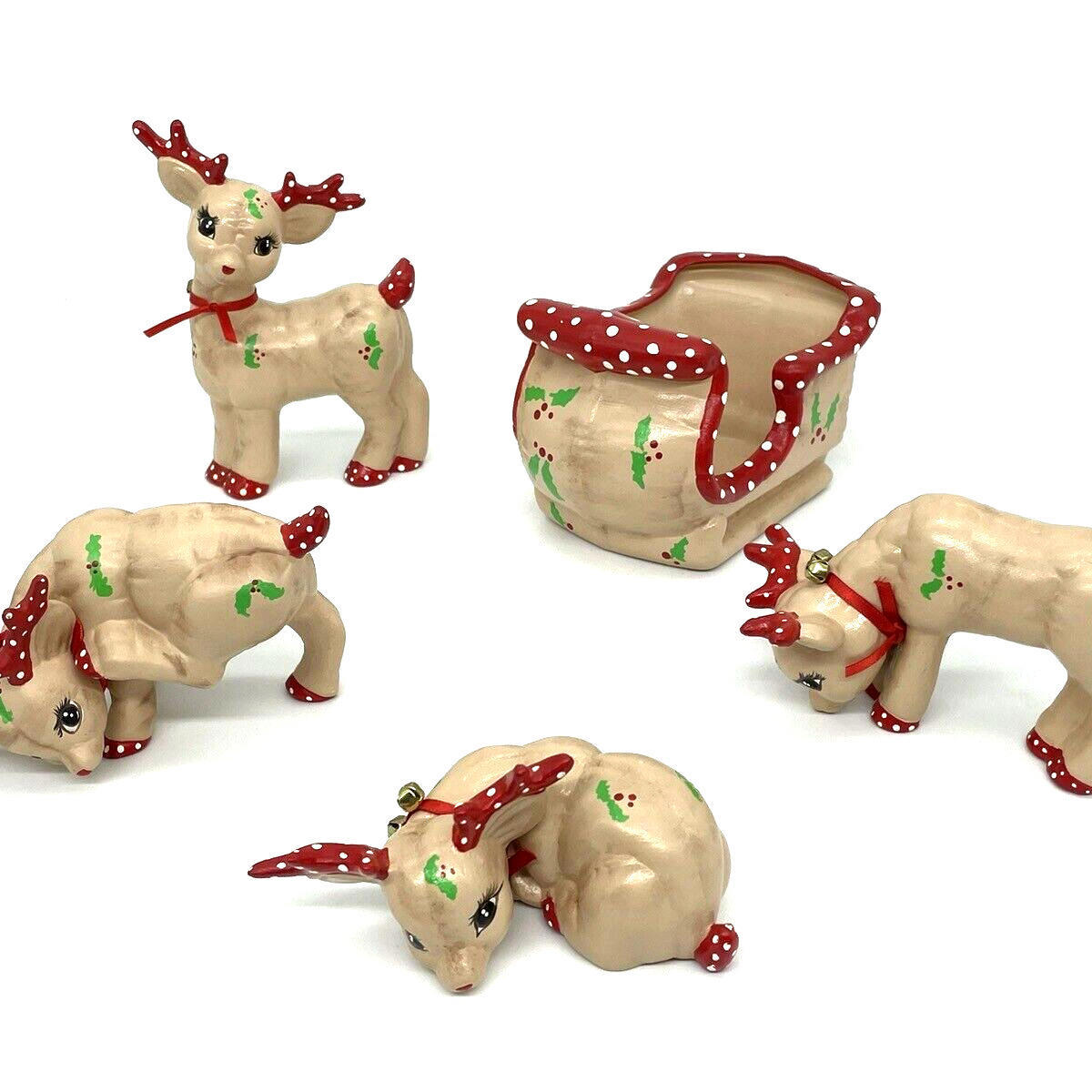 Vintage KIMPLE Christmas Reindeer Sleigh Figurines Bells Signed Hand Painted