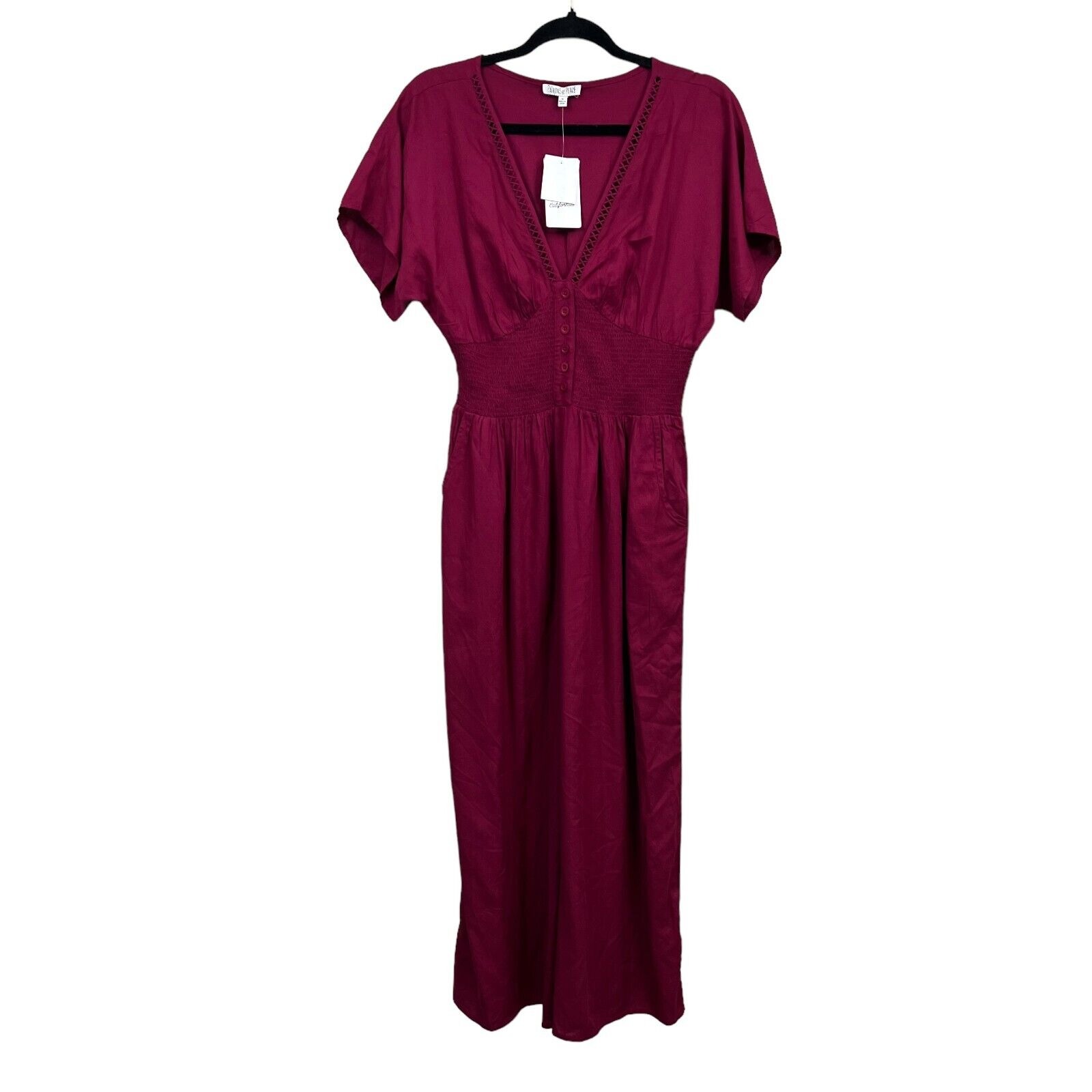 Patrons of Peace Womens Wide Leg Jumpsuit Plunge V Neck Smocked Pockets Wine M