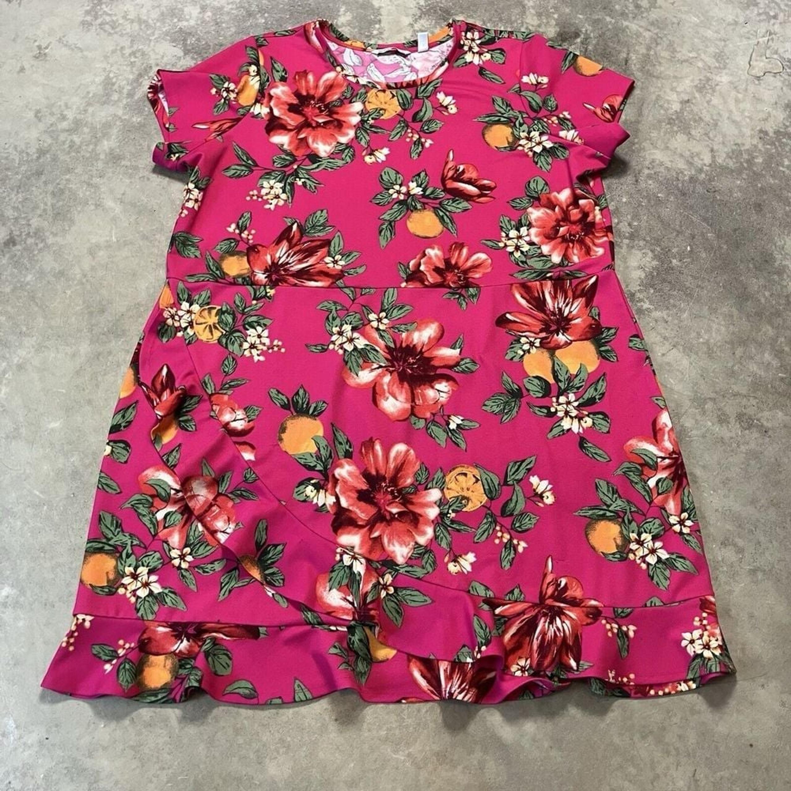 Isaac Mizrahi Dress Womens 3X Pink Floral Midi Ruffle Short Sleeve