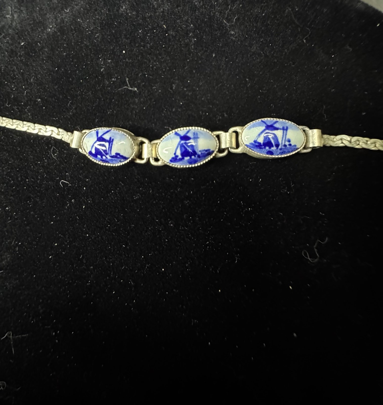 Vintage 850 Silver Blue & White Porcelain Delft Windmill Bracelet 7” ~5.37g