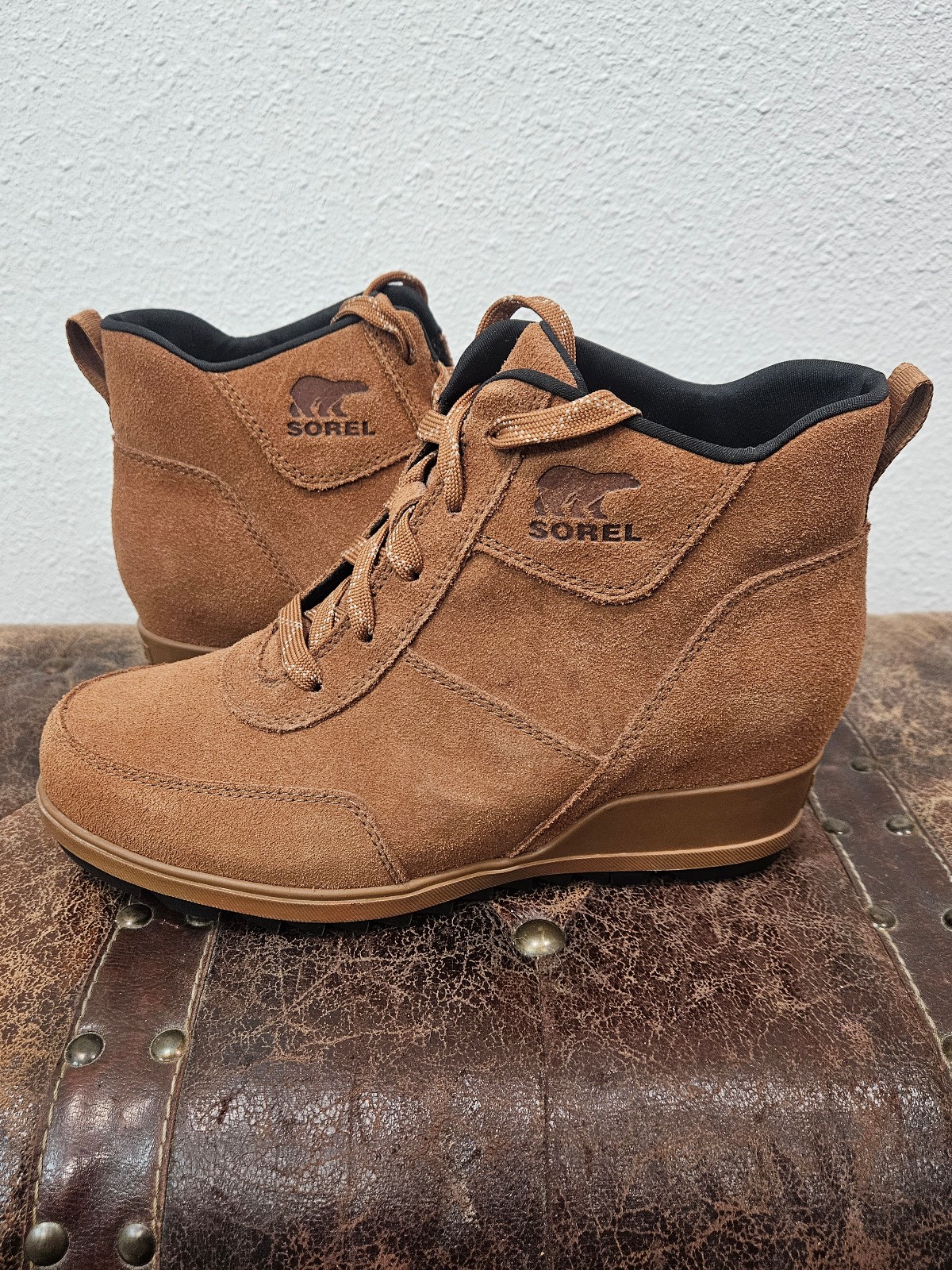 Sorel women's Evie Sport Lace brown suede wedge booties size 8