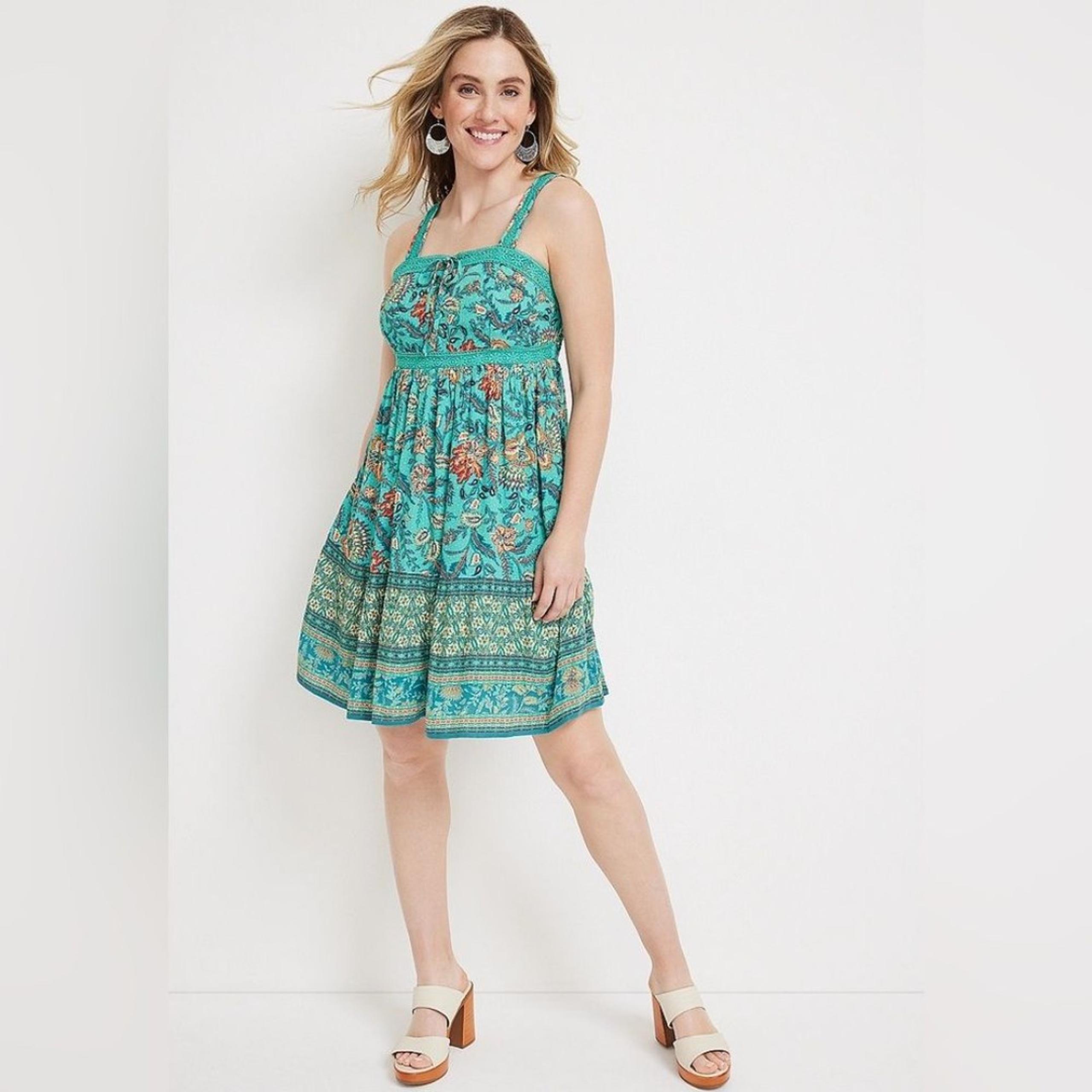 Maurices Woman’s Plus Size Paisley Babydoll Turquoise Spring Mini Dress Sz 1XL
