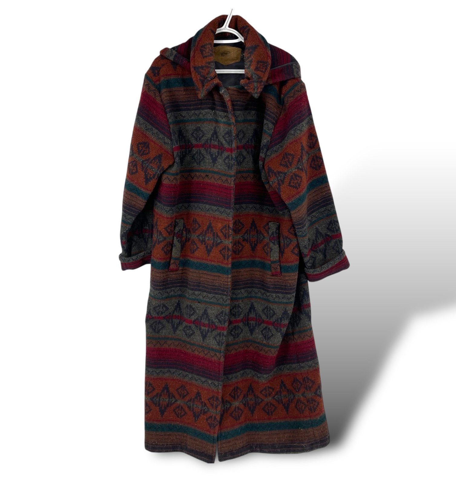 Southwestern Aztec Vtg Woolrich Boho Hippy Hooded Wool Blanket Coat Long Size Lg