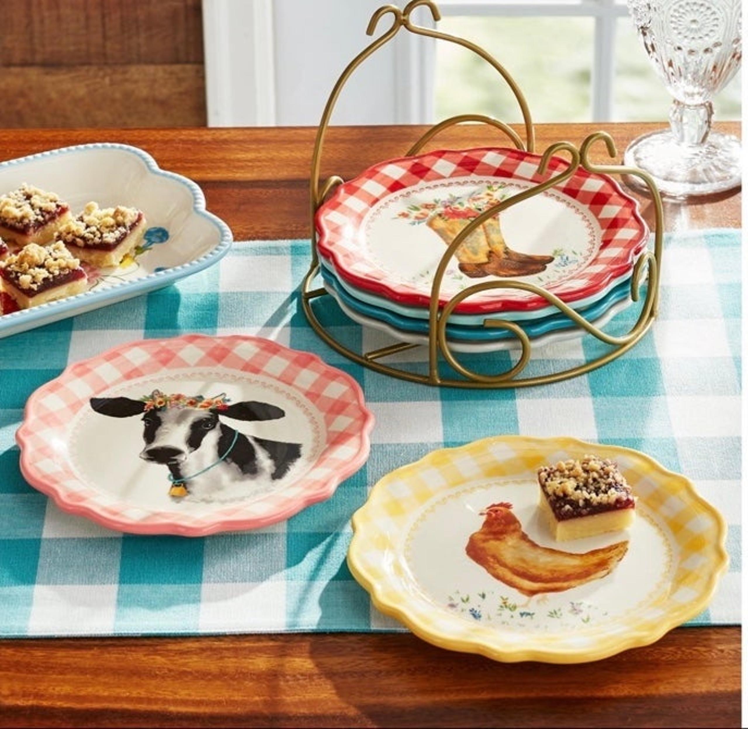 Pioneer Woman Novelty Gingham 7-Inch Plates and Metal Rack, 7-Piece Set New!