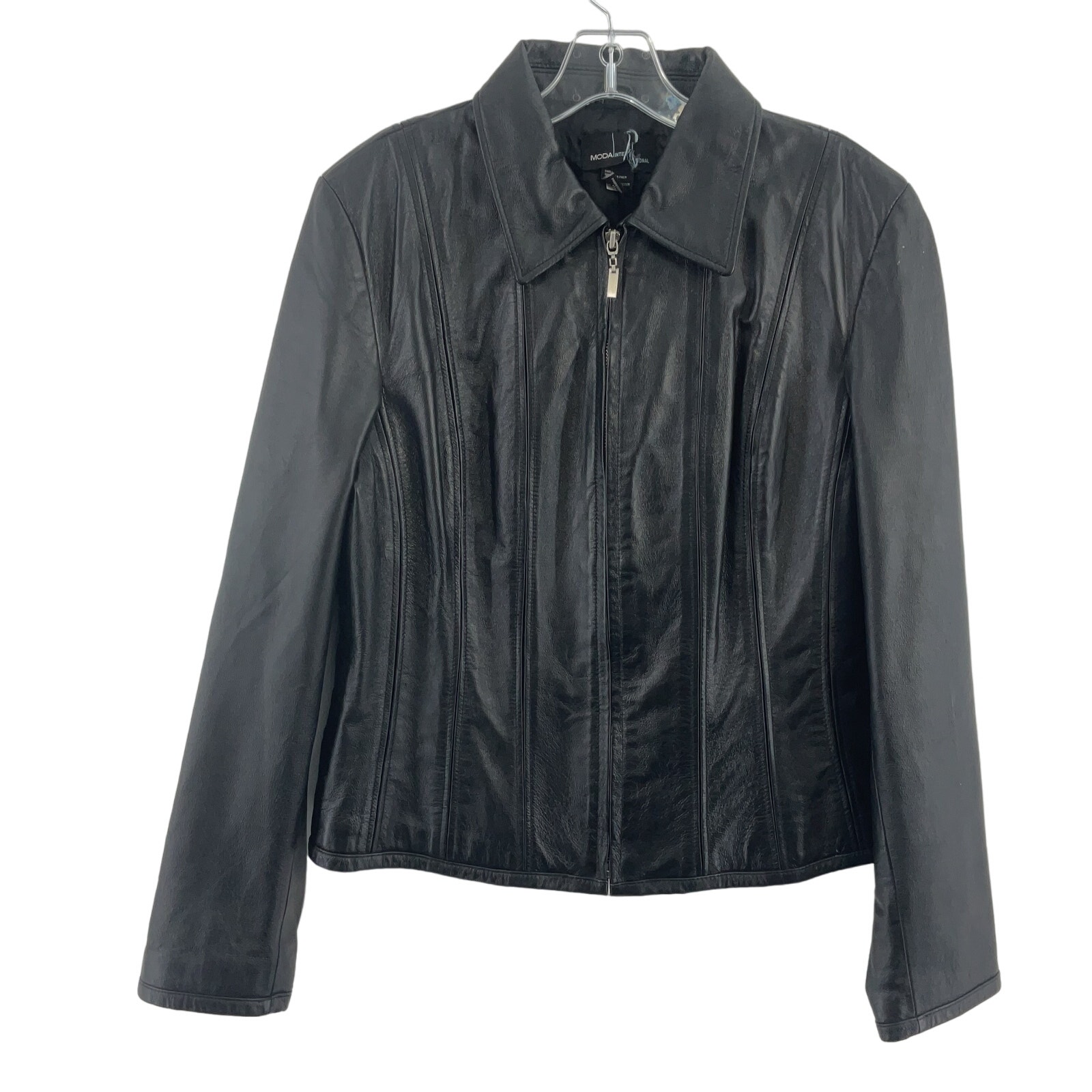 Moda International Vintage Y2K Black Leather Zip-Up Biker Jacket Womens L
