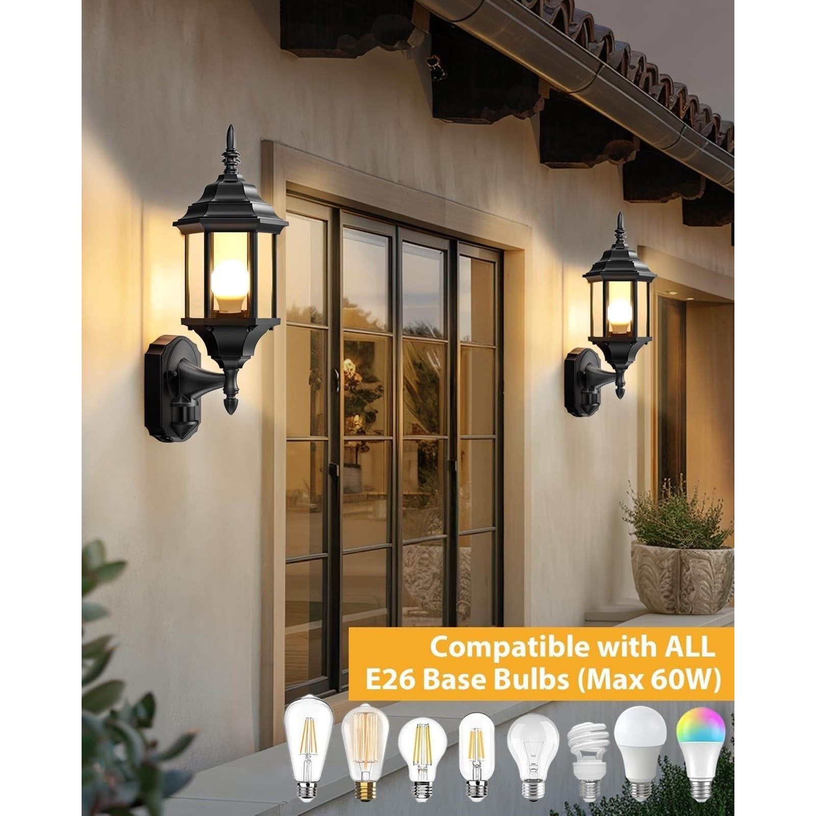 2-Pk Redluck Motion Sensor Outdoor Porch Light Dusk to Dawn 17-3/4" Matte Black