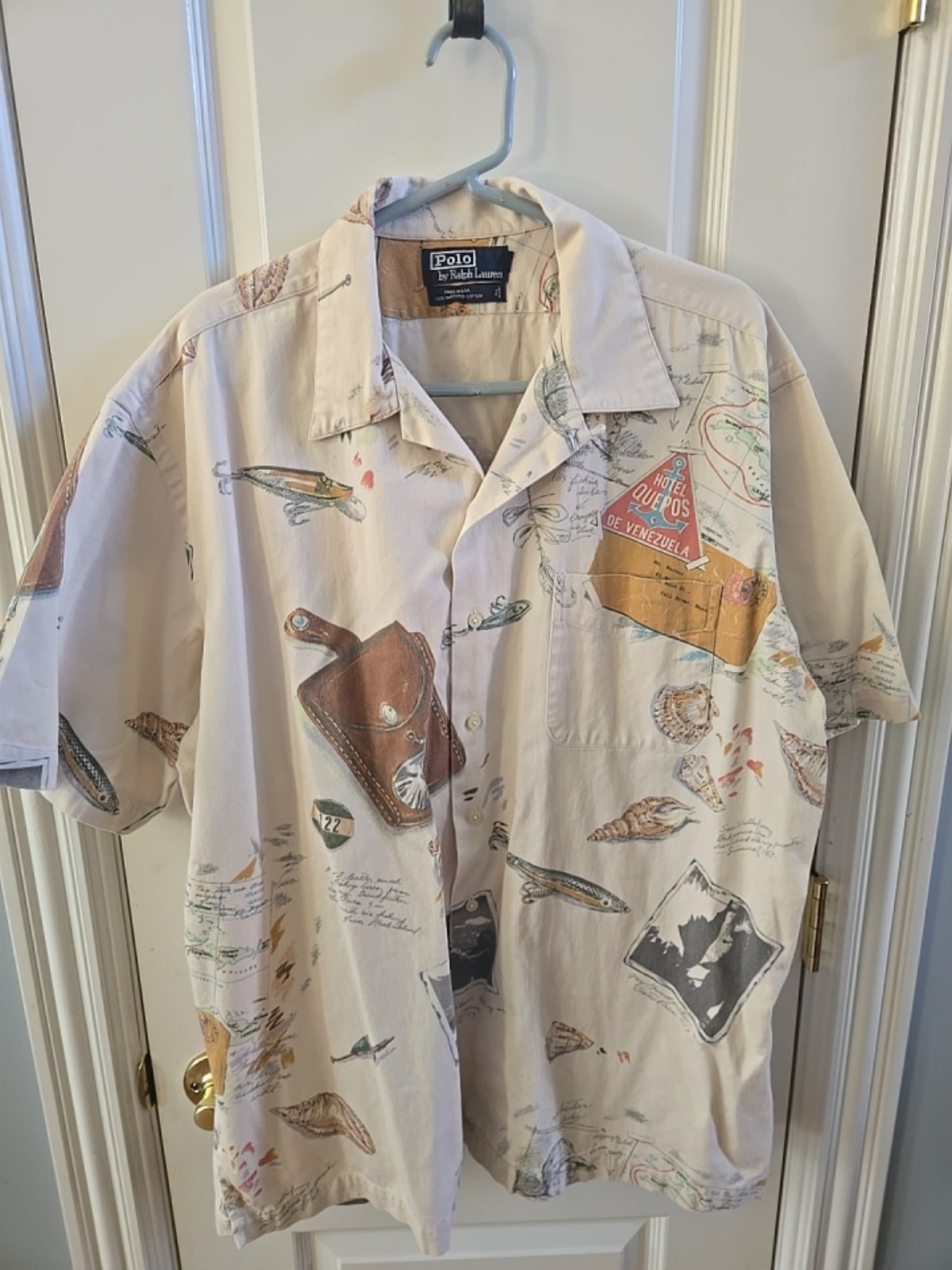 Vintage Polo by Ralph Lauren Fishing Print Outdoor Sportsman Angler Button Up XL