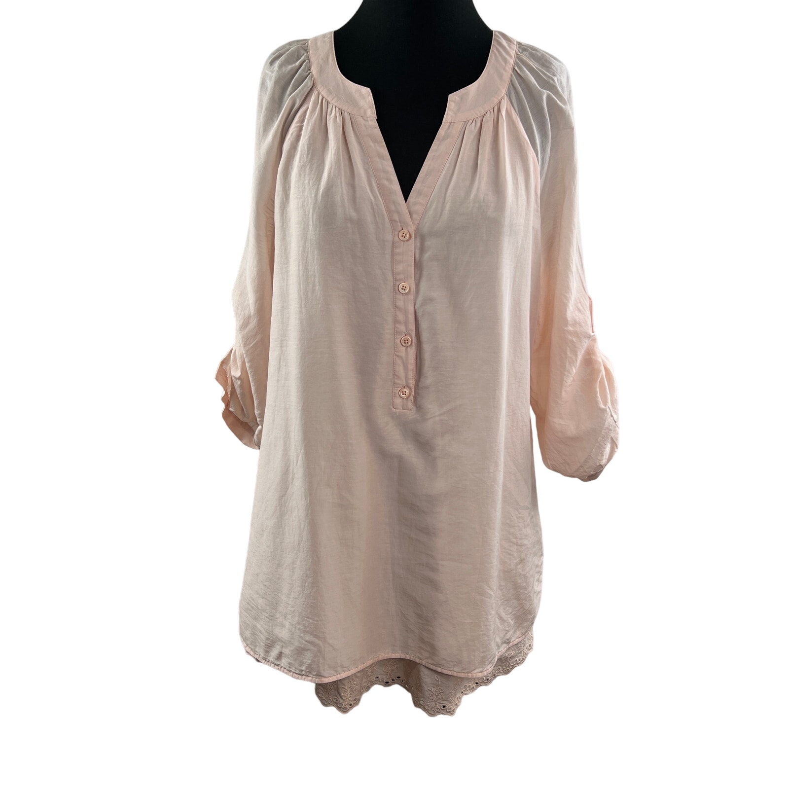 Soft Surroundings Pink 3/4 Sleeve Tunic Top Cotton Silk V-Neckline Size L Large