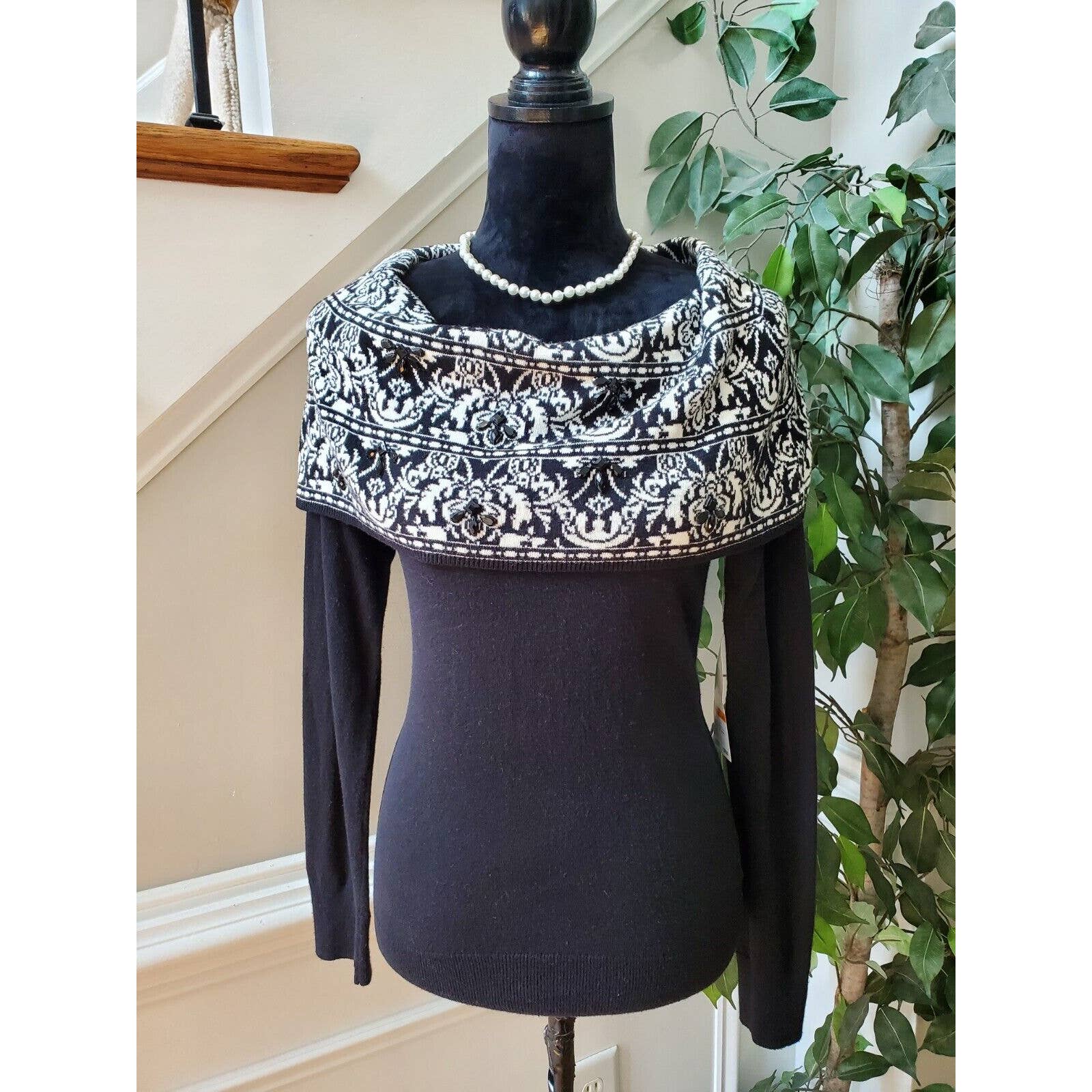 Jones New York Women Black Cotton Cowl Neck Long Sleeve Pullover Sweater Large