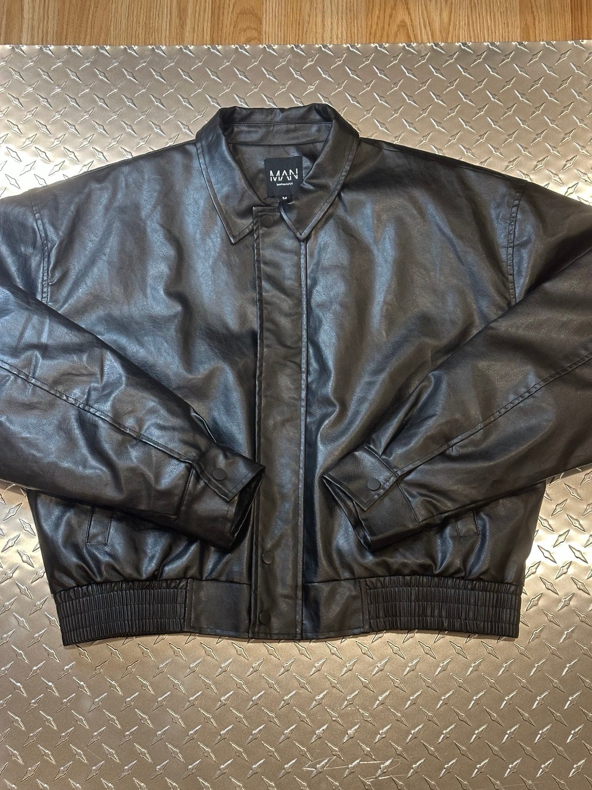 Leather Jacket Boxy Bomber with Harrington Collar Black