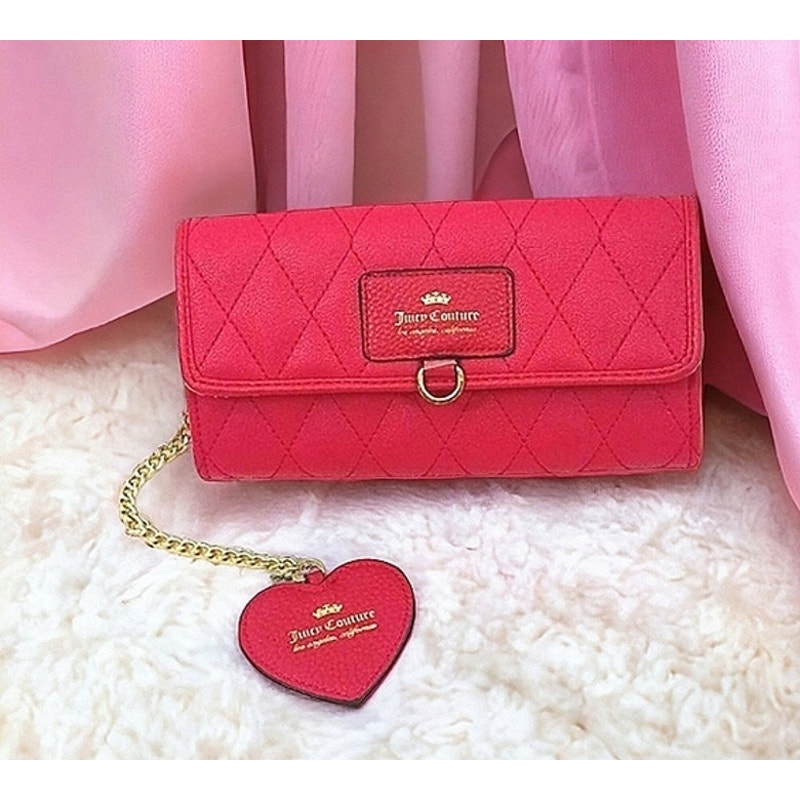 Y2K Juicy Couture Quilted Leather Long Wallet chain Heart Charm Barbiecore VNTG