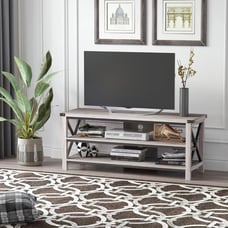 TV Media Center with MIddle Console Shelving and X Side Bar, White Oak