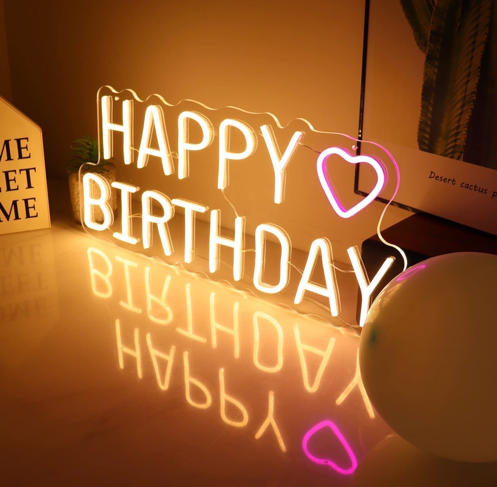 Large Bright Pink Heart Warm Happy Birthday LED Light Sign Celebration Decor