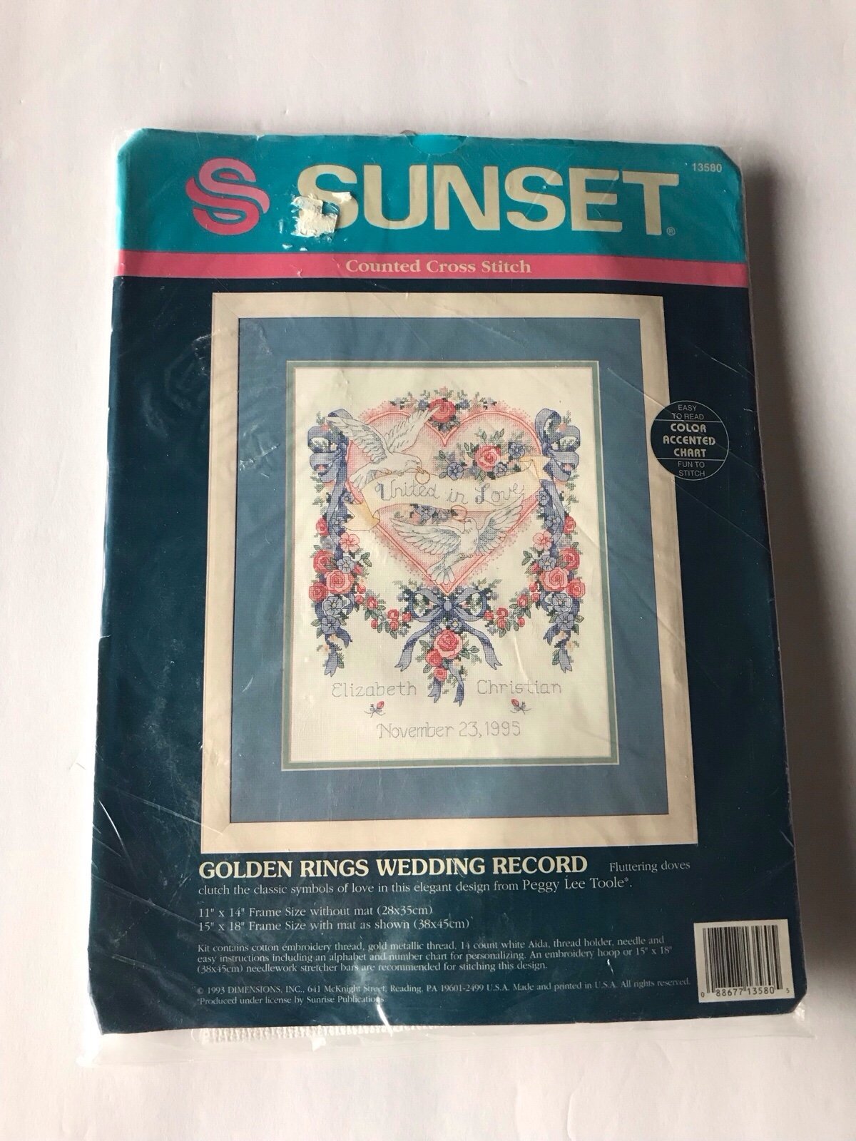 Vintage 1993 Sunset Counted Cross Stitch Golden Rings Wedding Record Kit #13580
