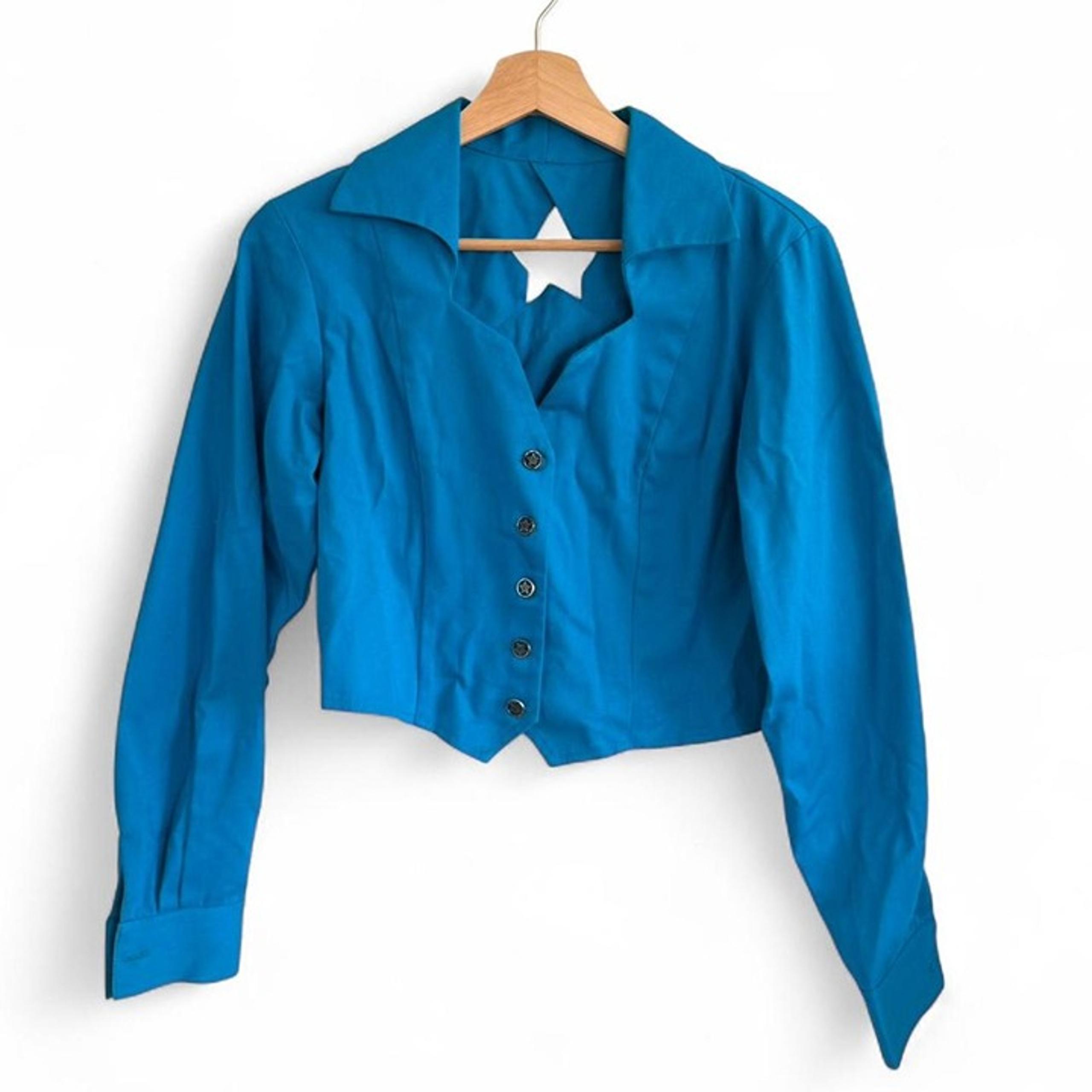 BANJO BLUE VINTAGE LONG SLEEVE CROPPED BLOUSE BUTTON UP WESTERN SMALL