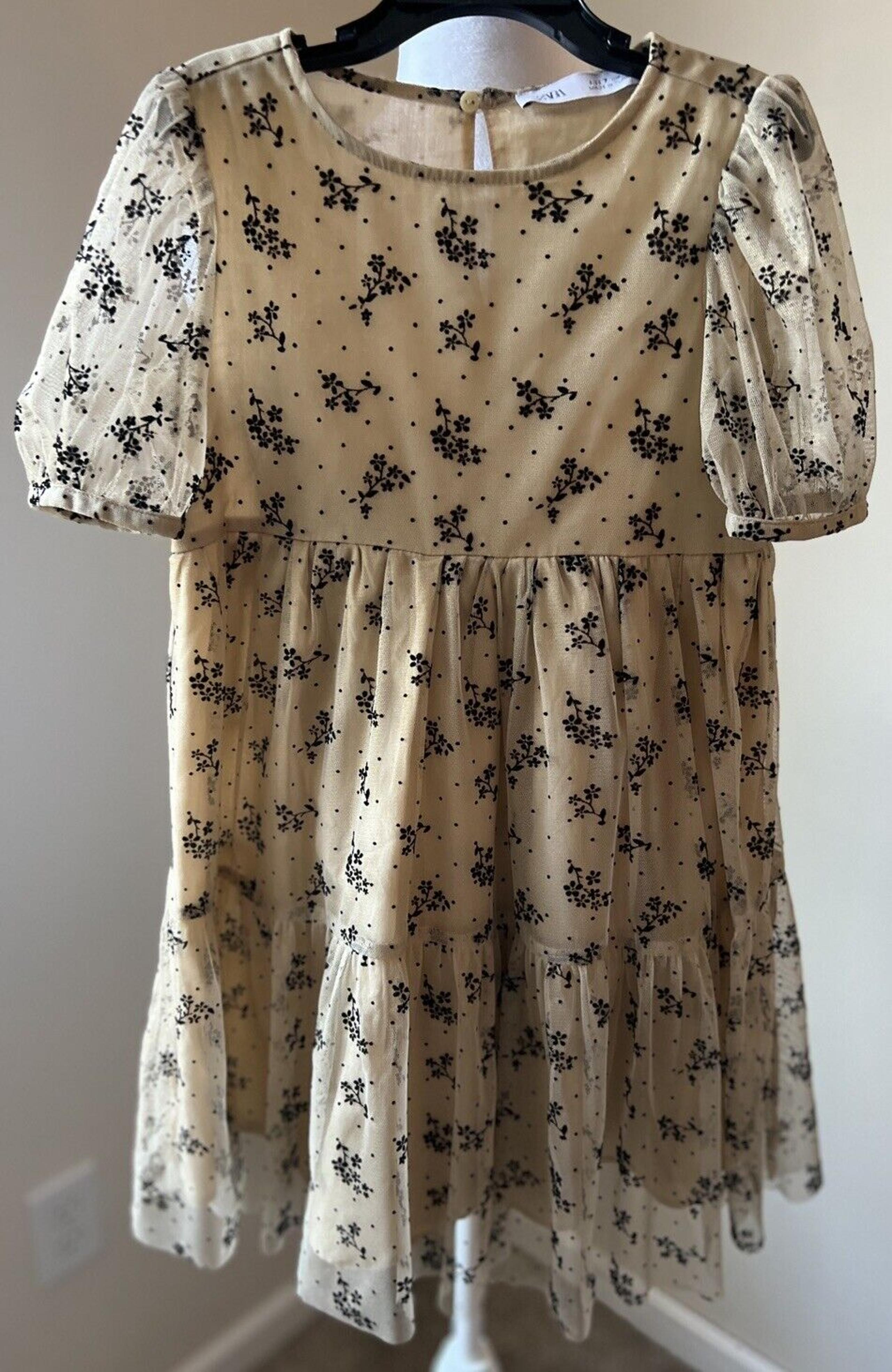 ZARA Tiered Ruffled Tulle Dress Beige With Black Flowers Kids Size 7