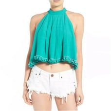 Lovers & Friends turquoise green Pom Pom tassel crop tank Size S