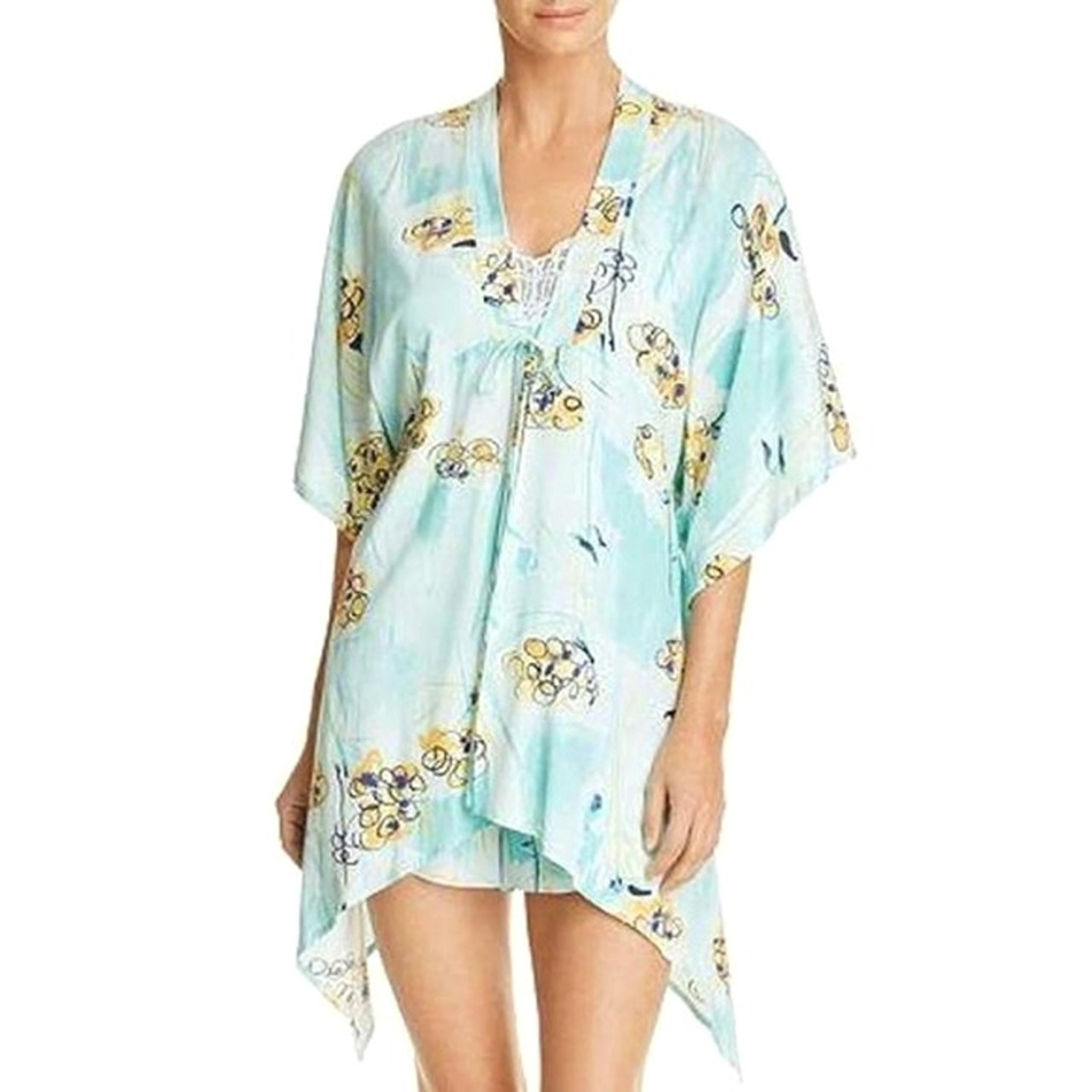 MEDIUM Josie Kimono Style Wrap Aqua Blue Print NWT