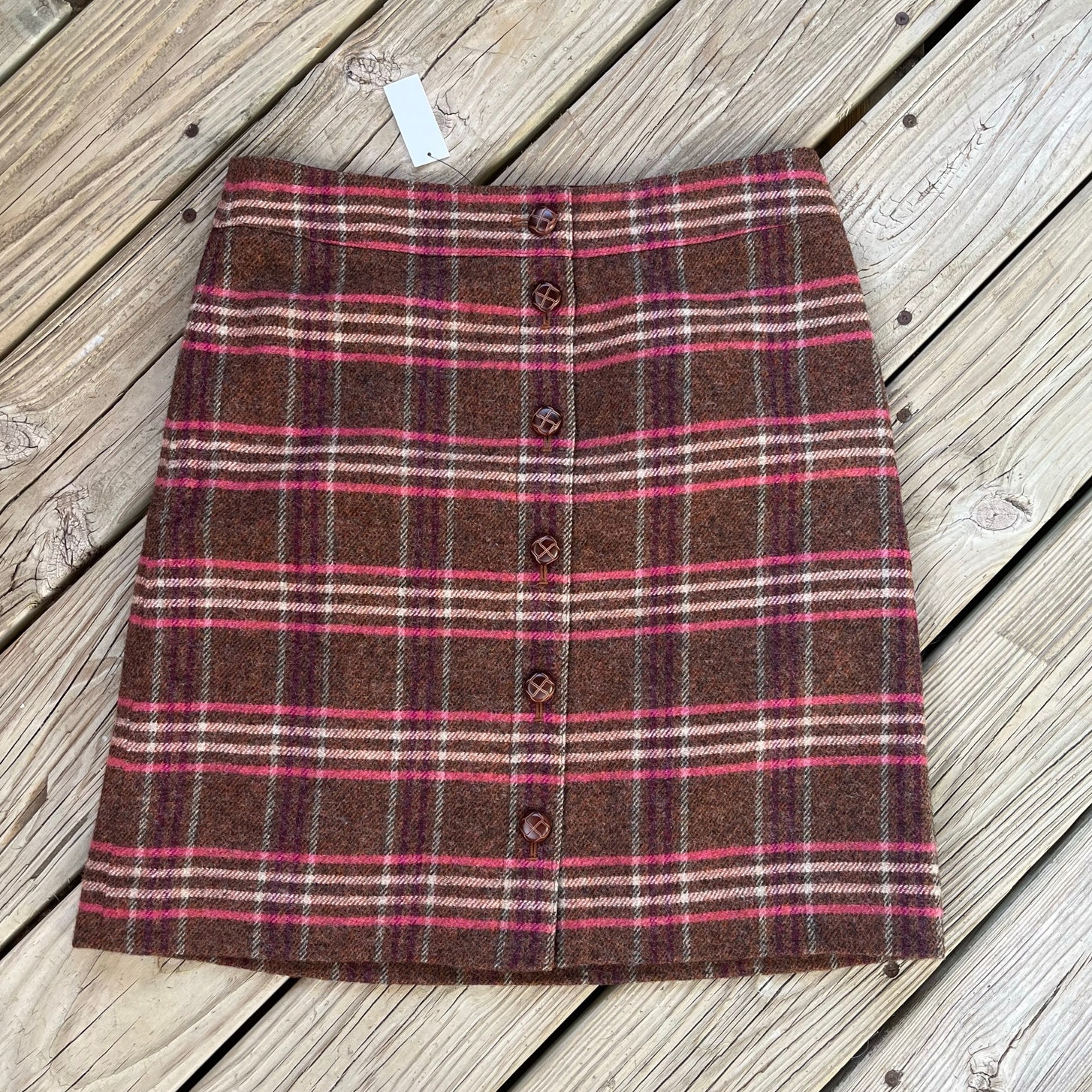 Talbots Brown And Pink Plaid Wool Blend Mini Skirt Size 8. NEW