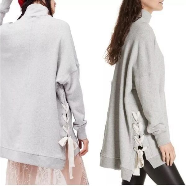 Free People So Plush Lace Up Sides Pullover Sweatshirt Mock Neck oversized XS