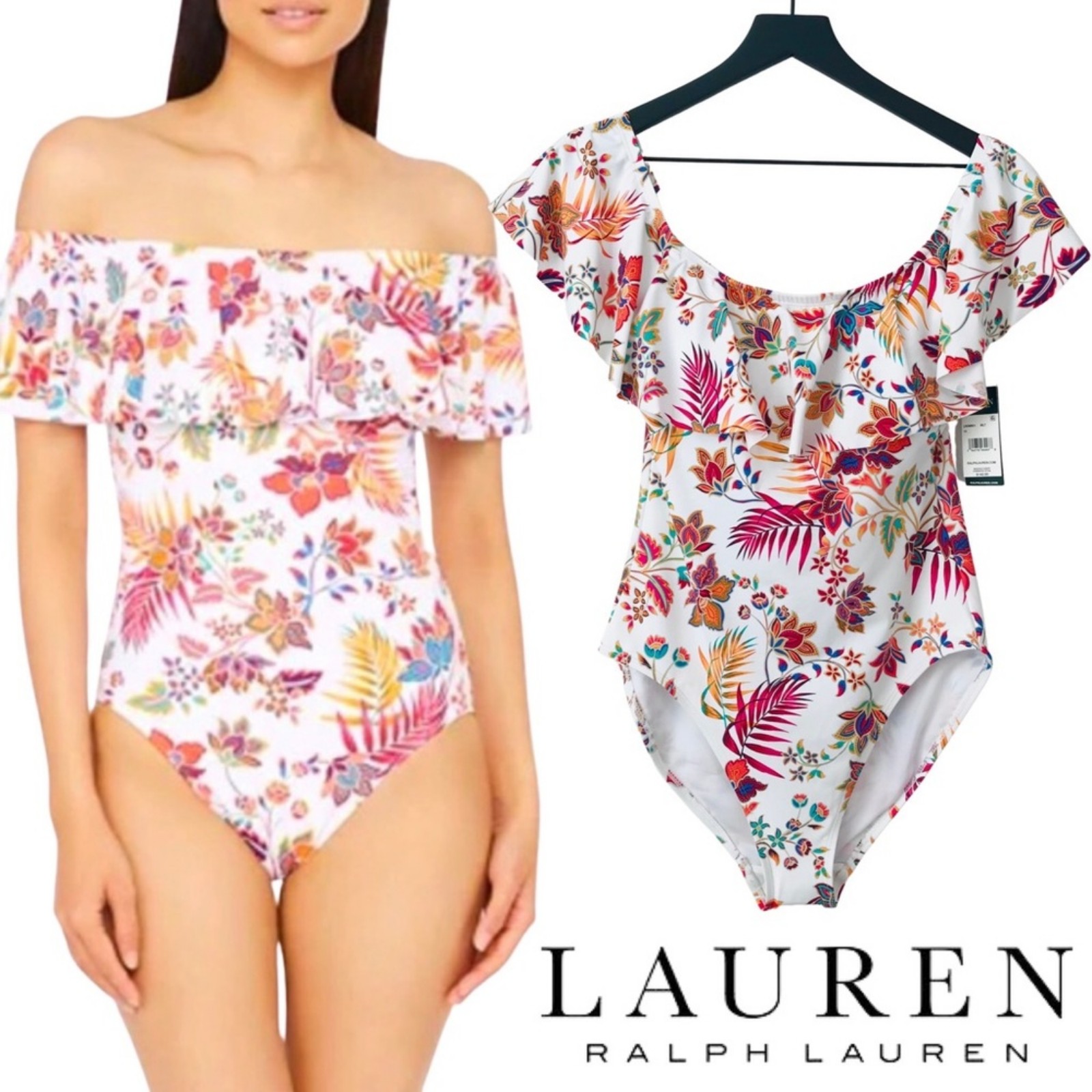New! Lauren Ralph Lauren 142 Boho Tropical Floral Slimming One Piece Swimsuit