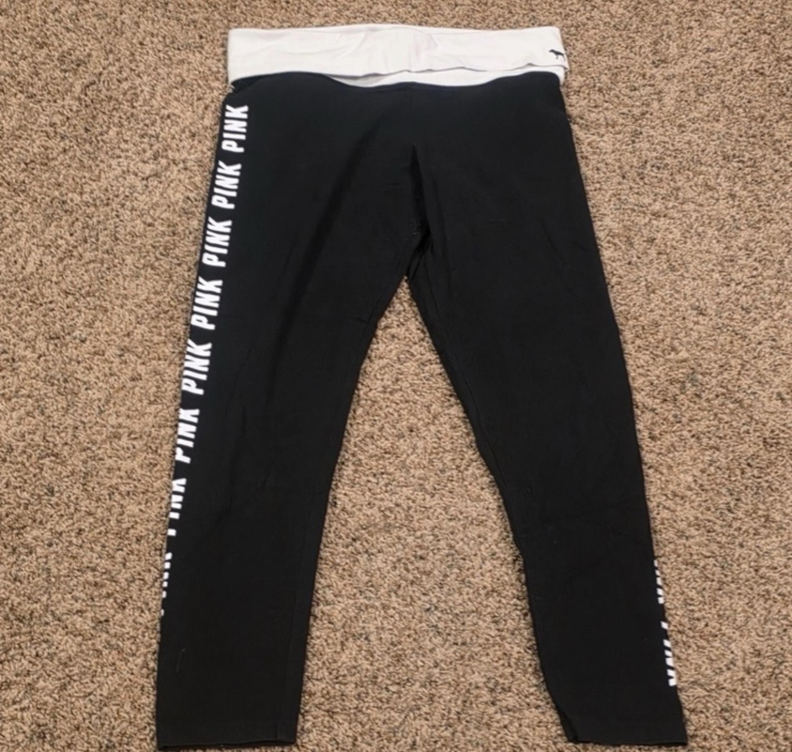 Victoria’s Secret Pink Yoga Leggings Womens Large Black Logo Fold Over Soft
