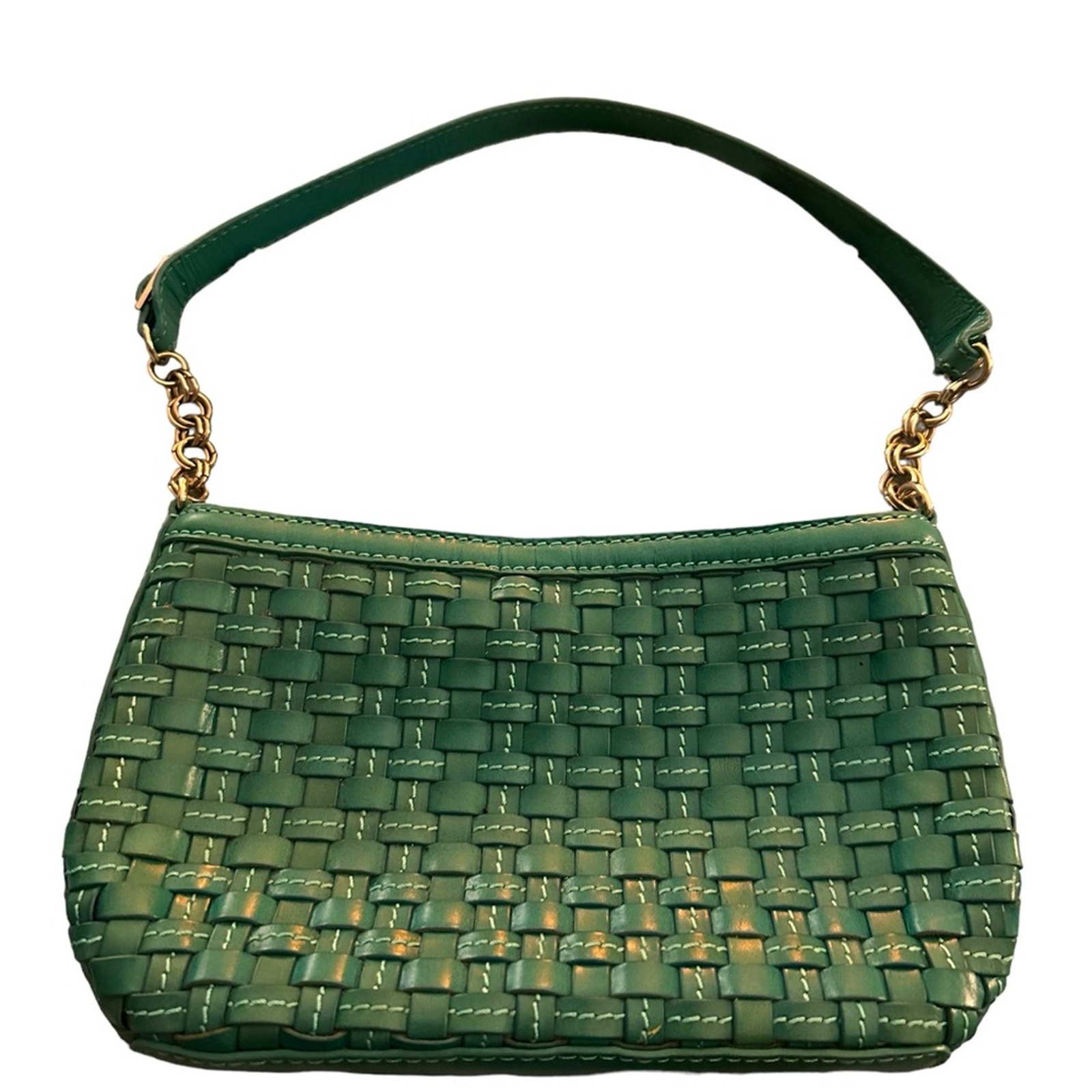 New Elliott Lucca Turquoise Woven Handbag with Light Blue Stitching