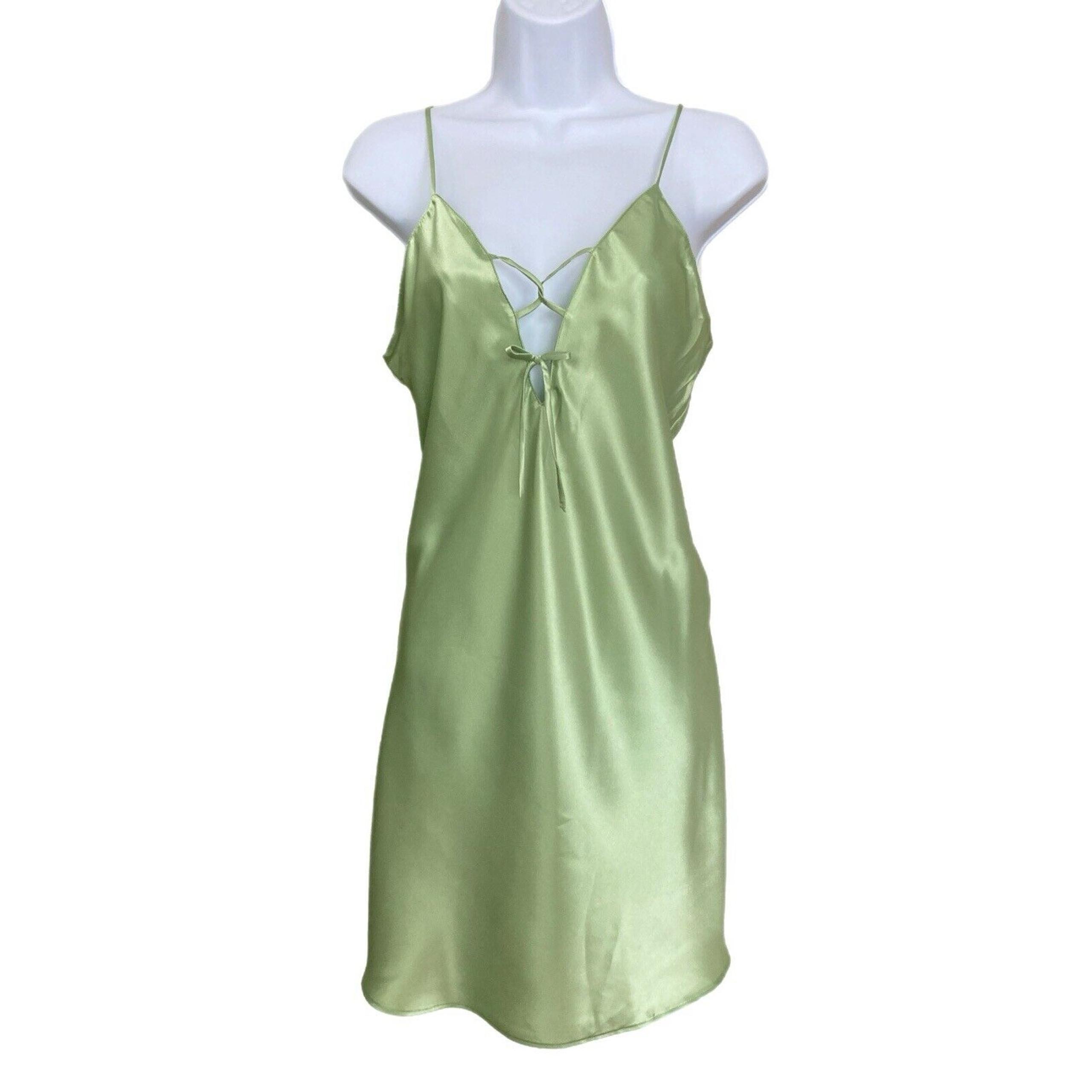 Vintage Y2k Morgan Taylor Lime Green Satin Mini Slip Nightie Dress Size S