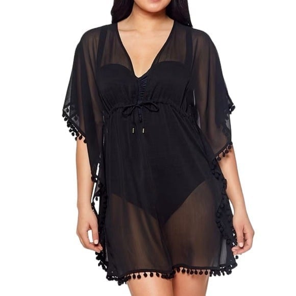 NWT BLEU ROD BEATTIE Plus Size Gypset Caftan Swim Cover Up Black Size 1X