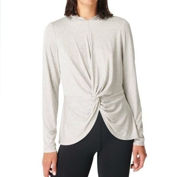 Sweaty Betty Tori Heathered Gray Hooded Long Sleeve Twist Top NWT Size Small