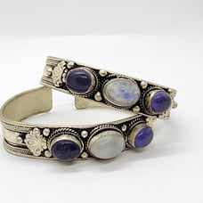 Two Amethysts & Moonstone Silver Tone Brass Boho Style Baraclets