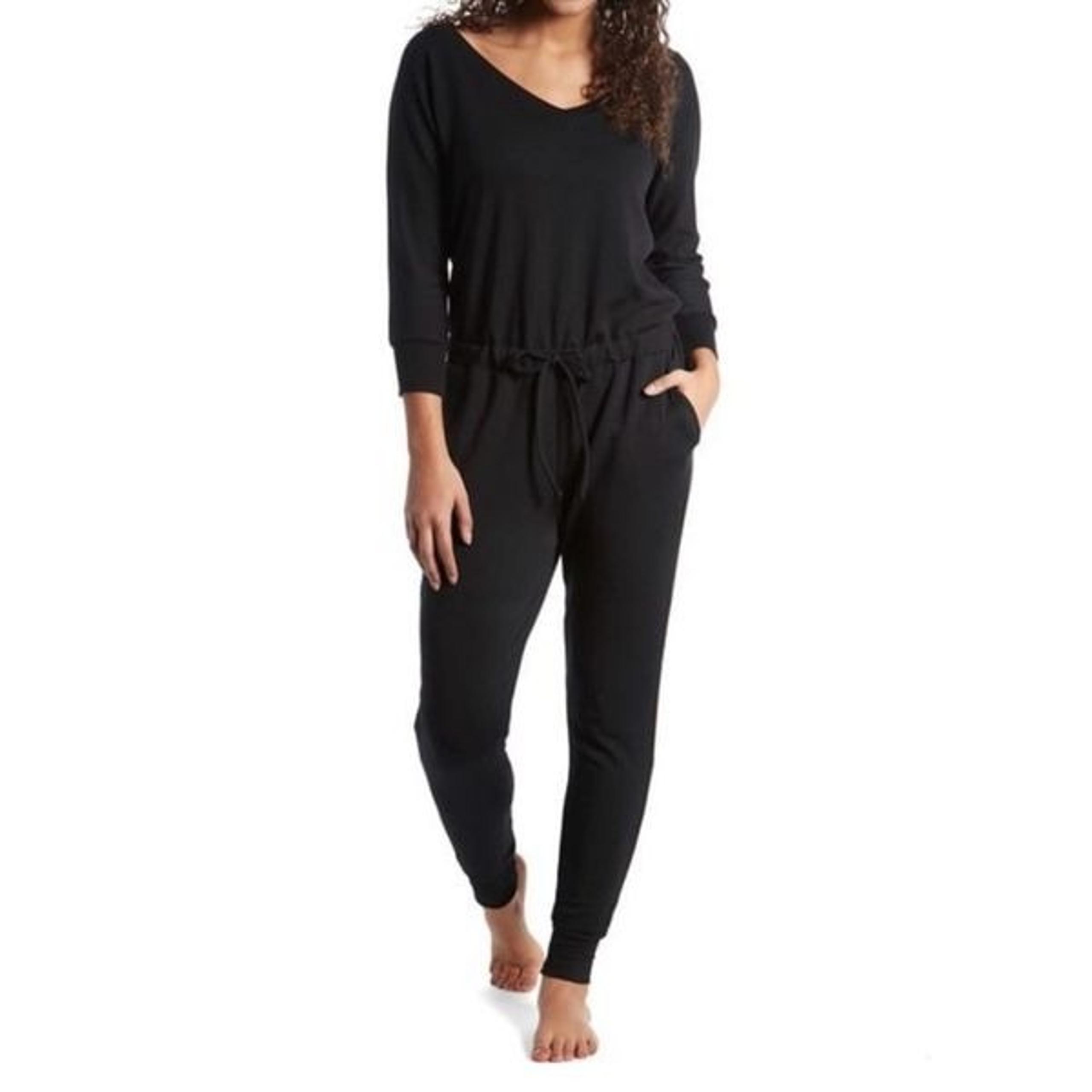 Beyond Yoga Meant to V-Neck Cozy Fleece Jumpsuit Black Tie Waist Jogger Size S