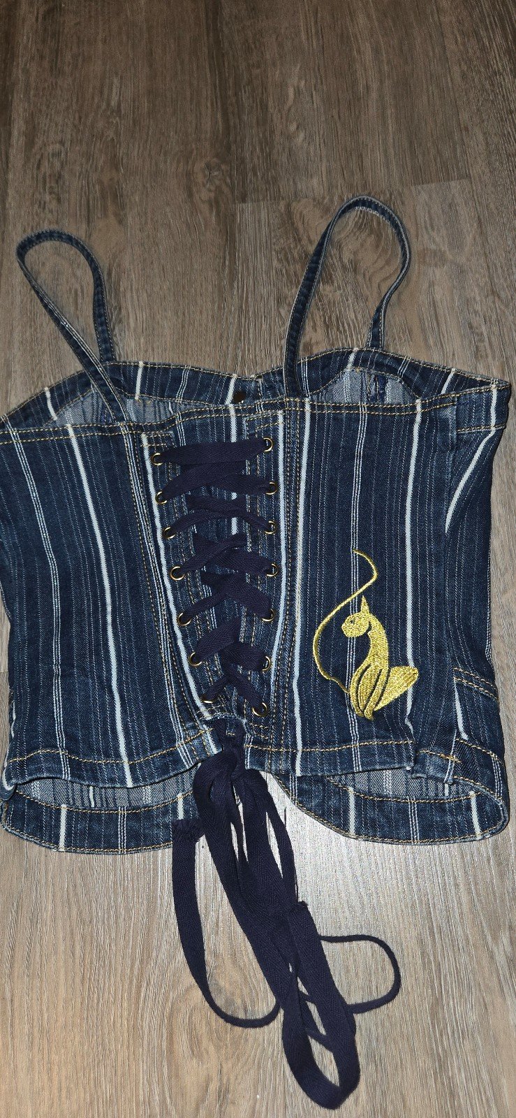 Rare vintage Y2K Baby Phat denim corset top with gold embroidery