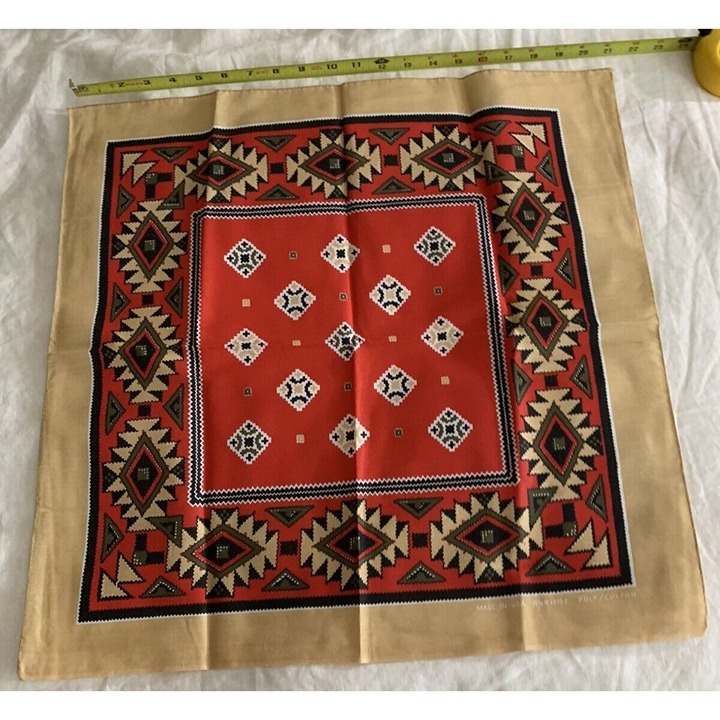 VTG New Old Stock BANDANA 50/50 Poly Cotton Southwest Red Tan HANDKERCHIEF HANKY