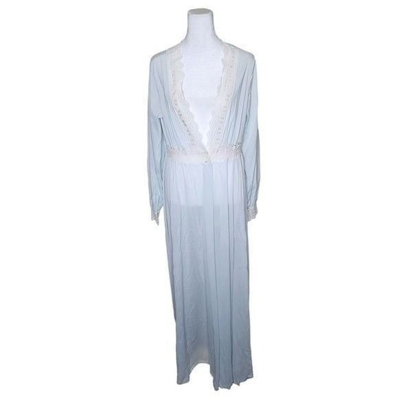 Vintage 70s Olga Peignoir Set Lace Trim Robe Gown Womens Size 36 Blue