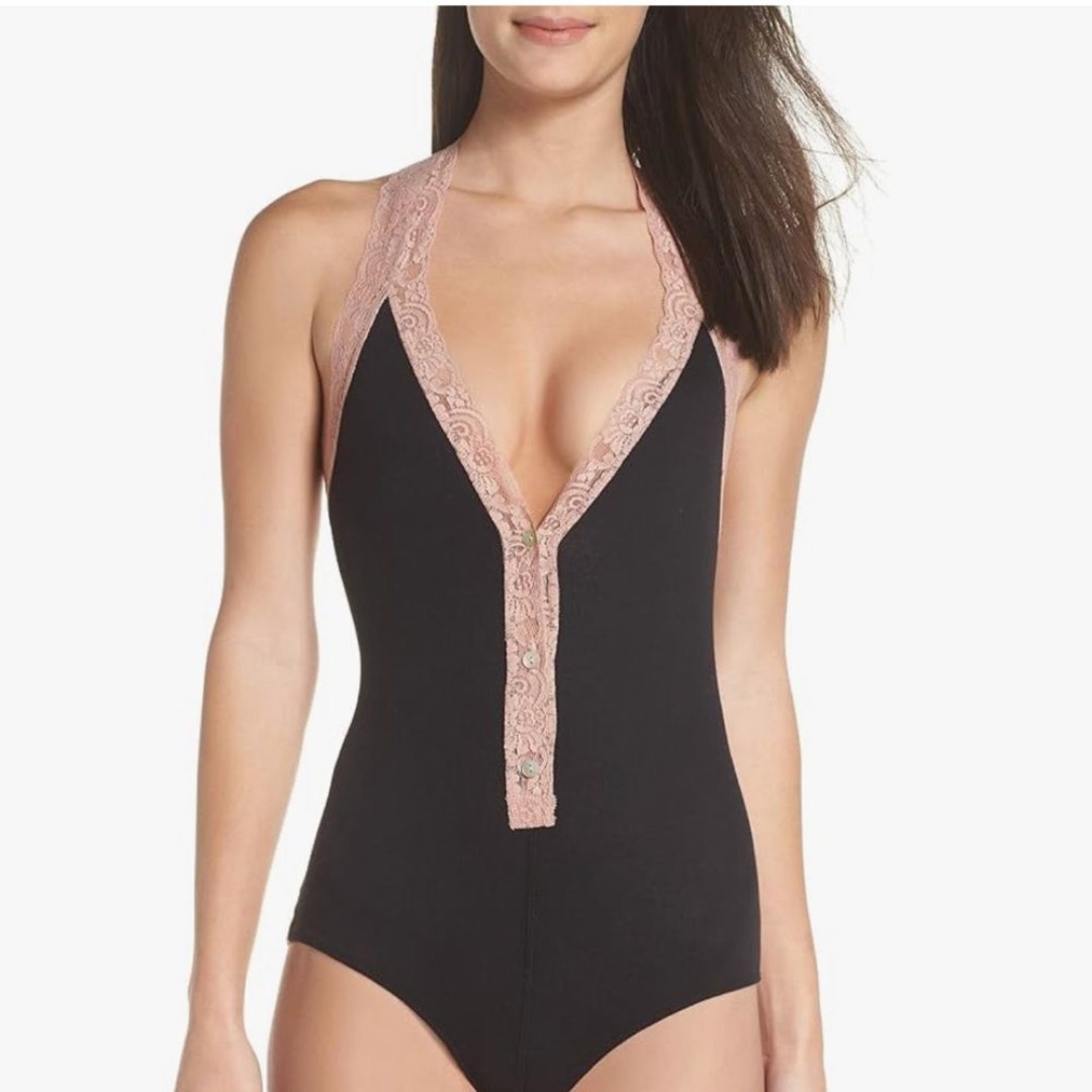 Free People Women's Blouse Pink Bodysuit Lace-Trim