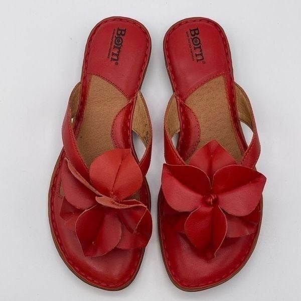 BORN Sandals Women's Leather Flip Flops Flower Flat Red Size 8 Footwear EUC