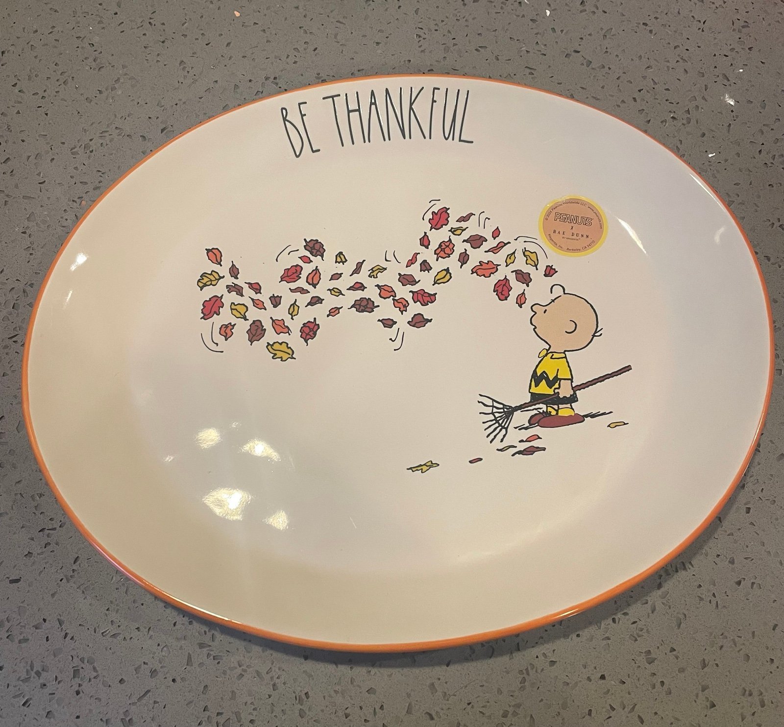 Rae Dunn x Peanuts BE THANKFUL Platter Tray Thanksgiving With Falling Leaves NEW