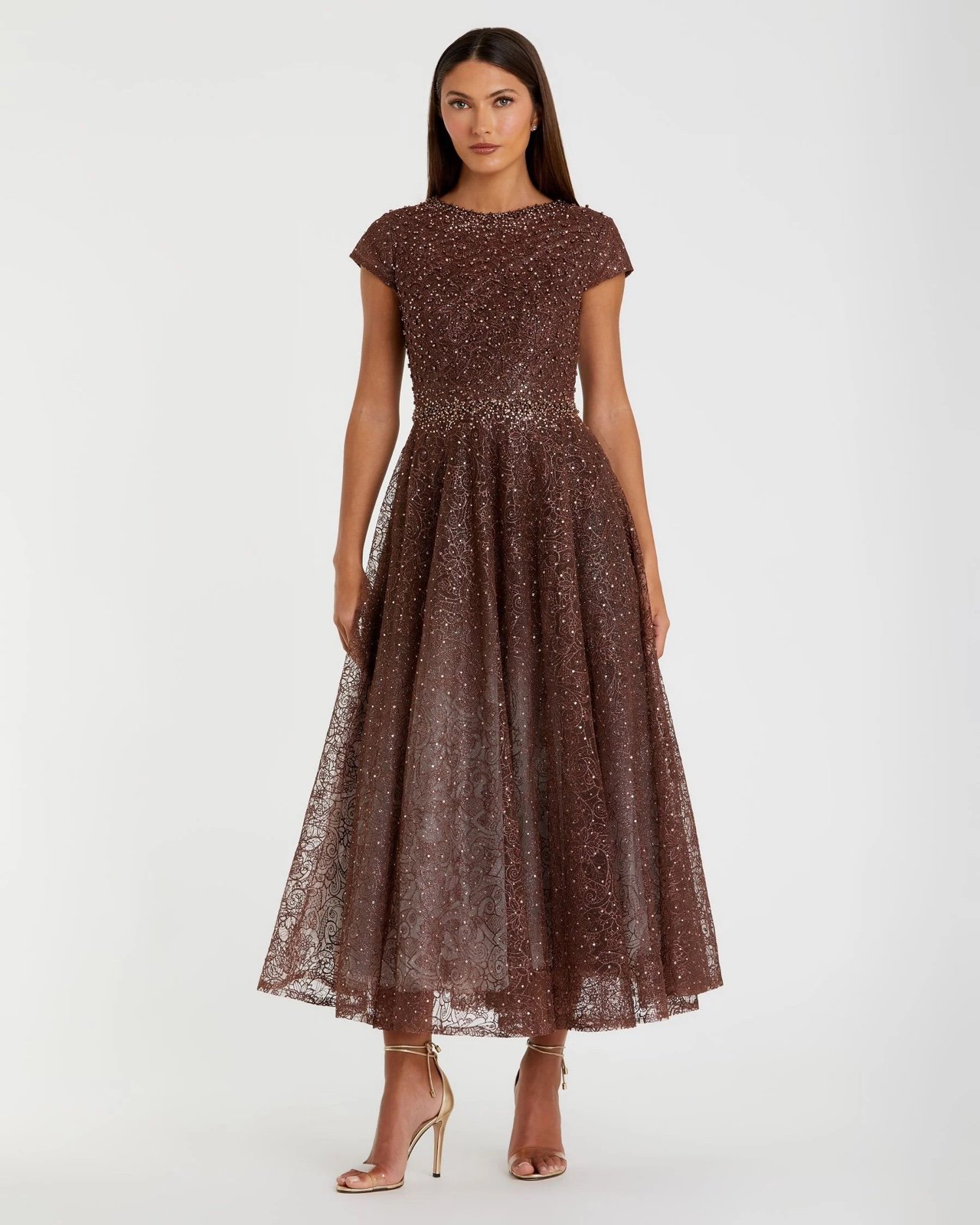 Mac Duggal Brown Embellished Cap Sleeve A Line Gown 6
